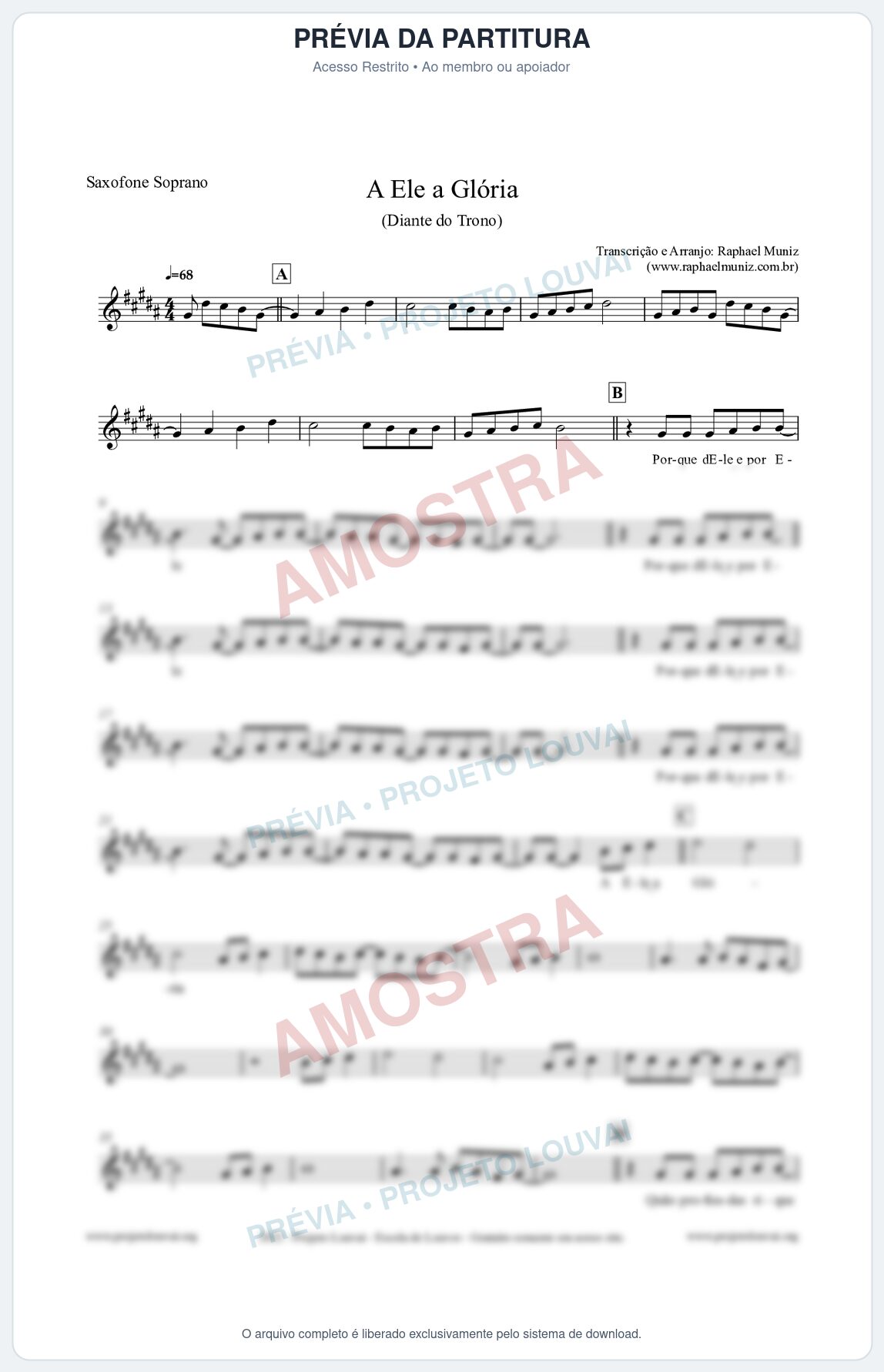 Prévia protegida da primeira página da partitura Partitura para Saxofone Soprano - A Ele a Glória - Diante do Trono
