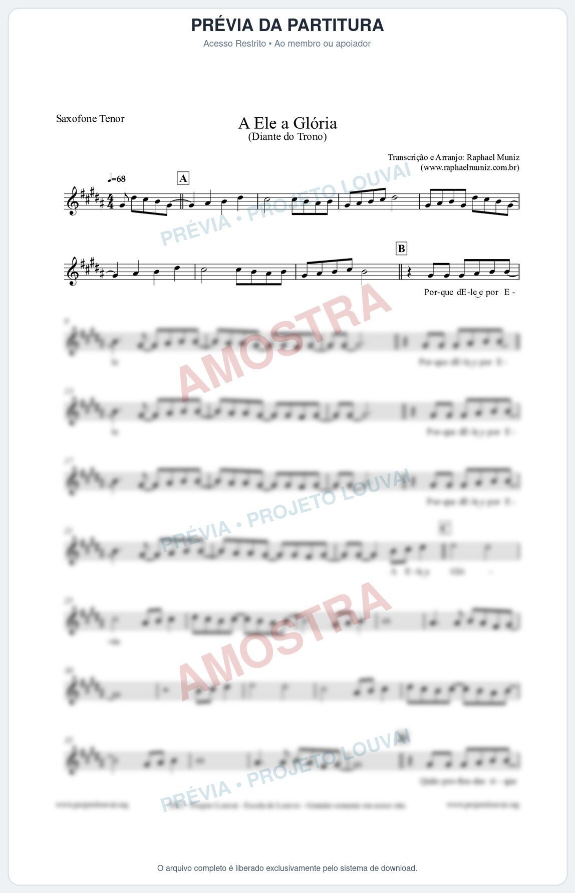 Prévia protegida da primeira página da partitura Partitura para Saxofone Tenor - A Ele a Glória - Diante do Trono