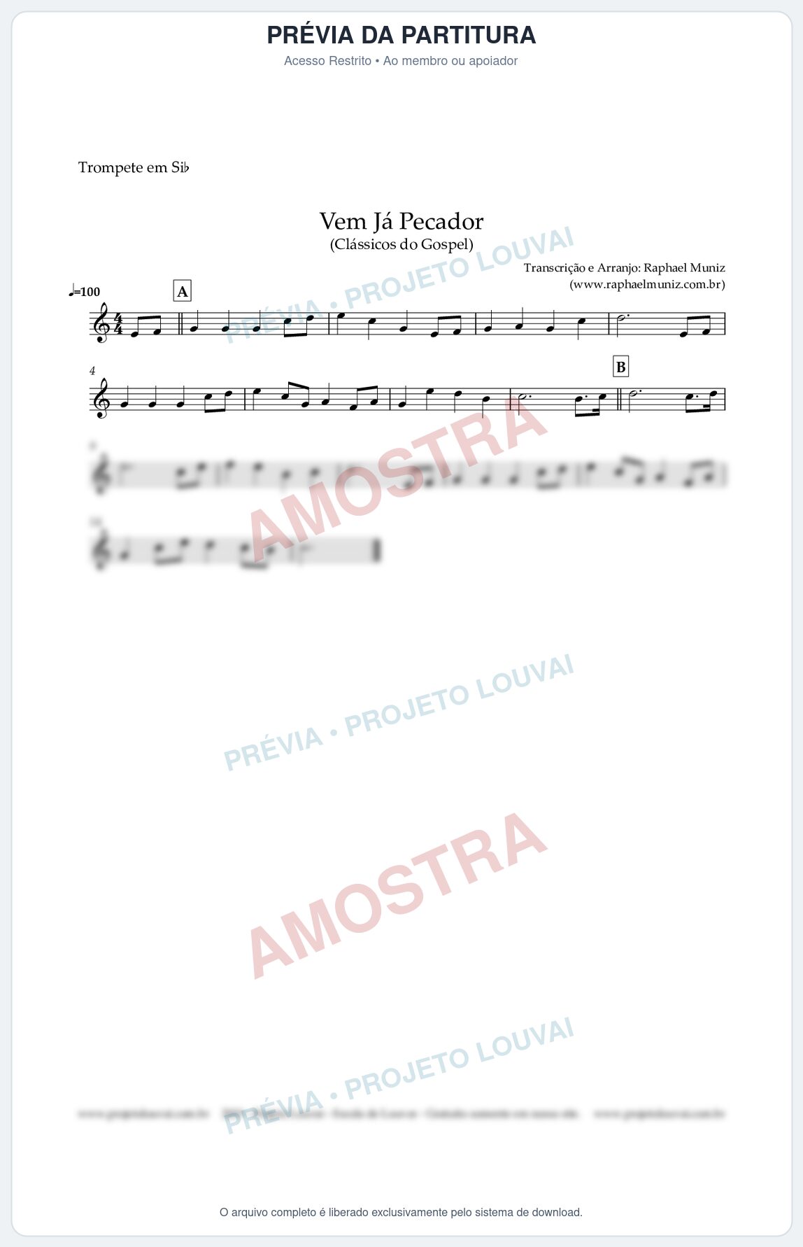 Prévia protegida da primeira página da partitura Partitura para Trompete em Bb - Vem Já Pecador - Harpa Cristã nº 12 - Clássicos do Gospel