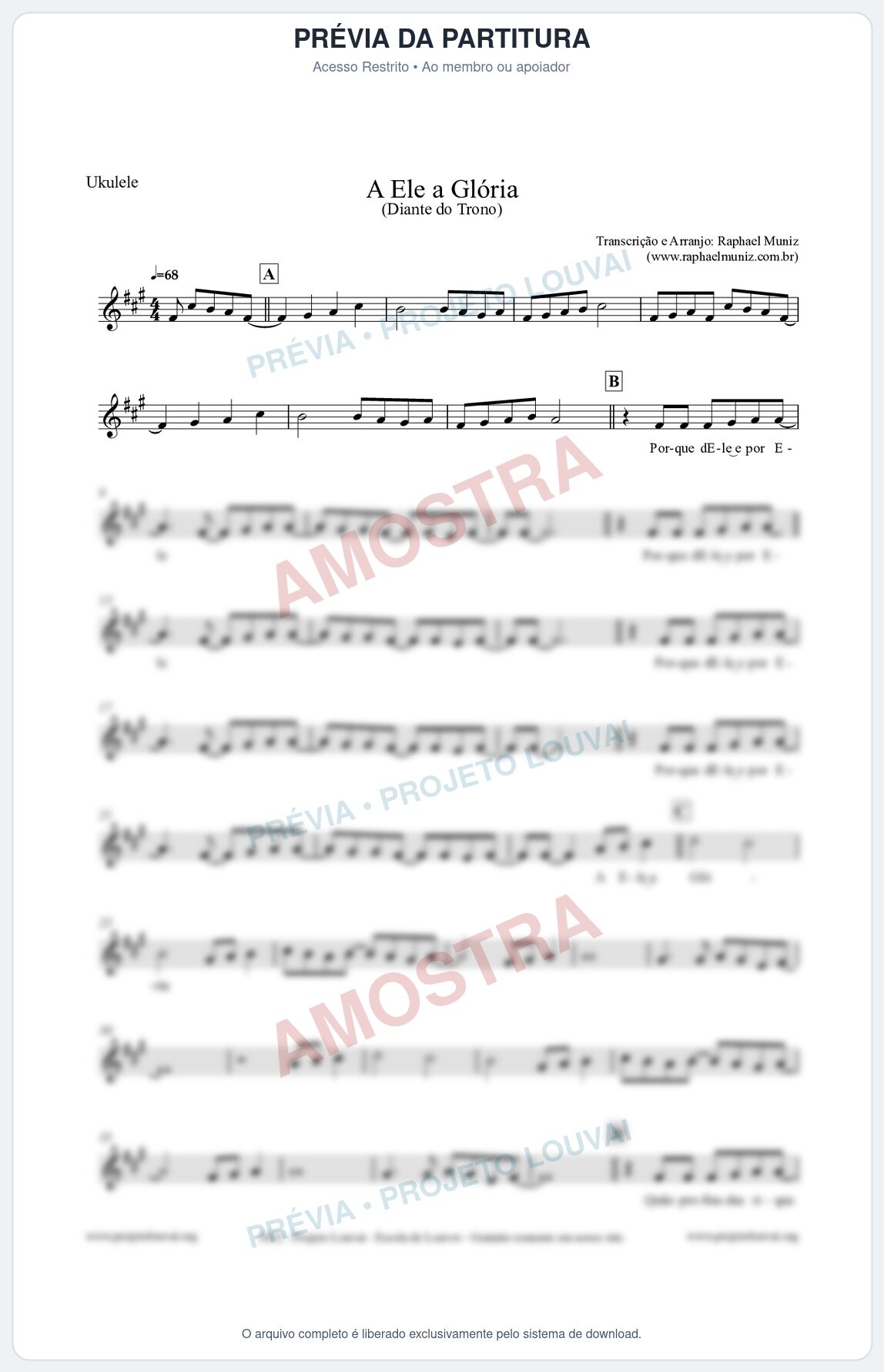 Prévia protegida da primeira página da partitura Partitura para Ukulele - A Ele a Glória - Diante do Trono