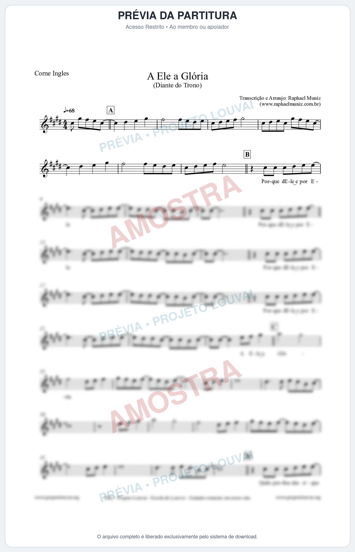 Prévia protegida da primeira página da partitura Partitura para Corne Inglês - A Ele a Glória - Diante do Trono