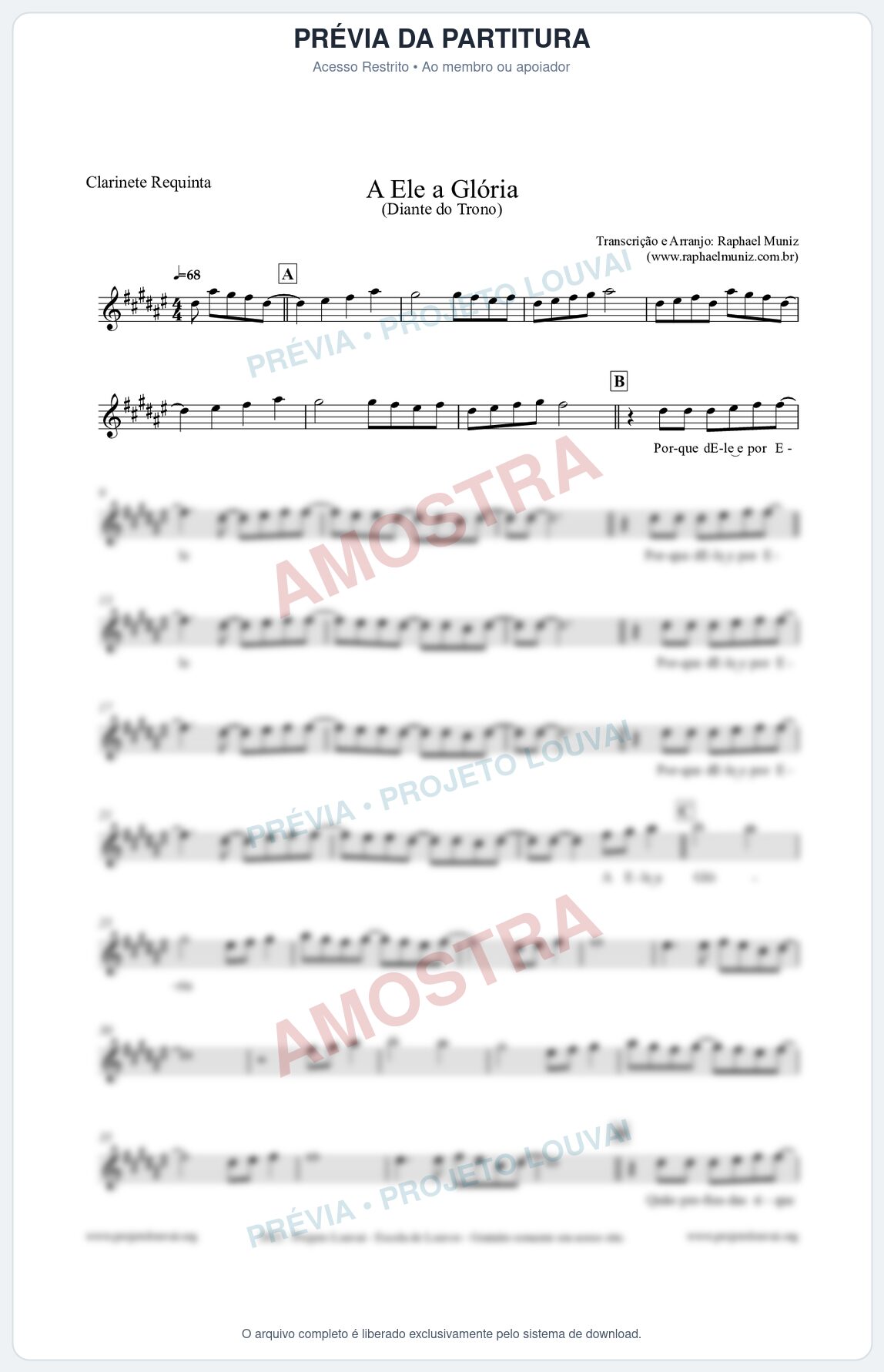 Prévia protegida da primeira página da partitura Partitura para Clarinete Requinta - A Ele a Glória - Diante do Trono