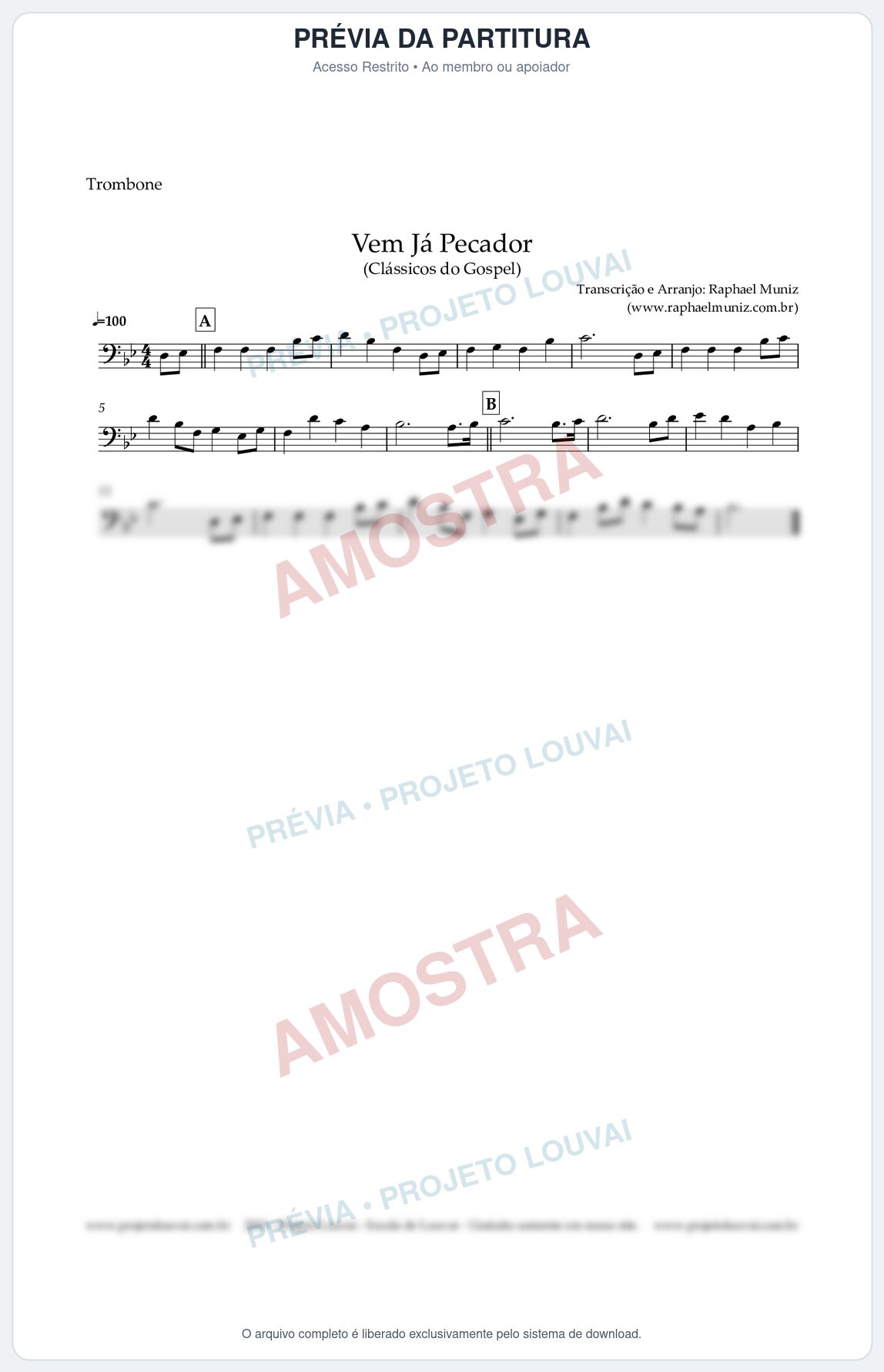 Prévia protegida da primeira página da partitura Partitura para Trombone - Vem Já Pecador - Harpa Cristã nº 12 - Clássicos do Gospel