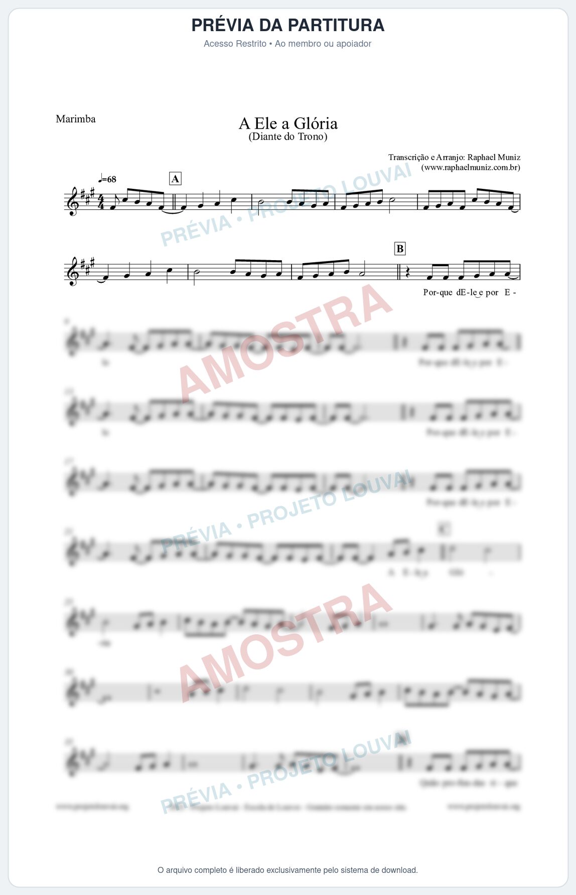 Prévia protegida da primeira página da partitura Partitura para Marimba - A Ele a Glória - Diante do Trono