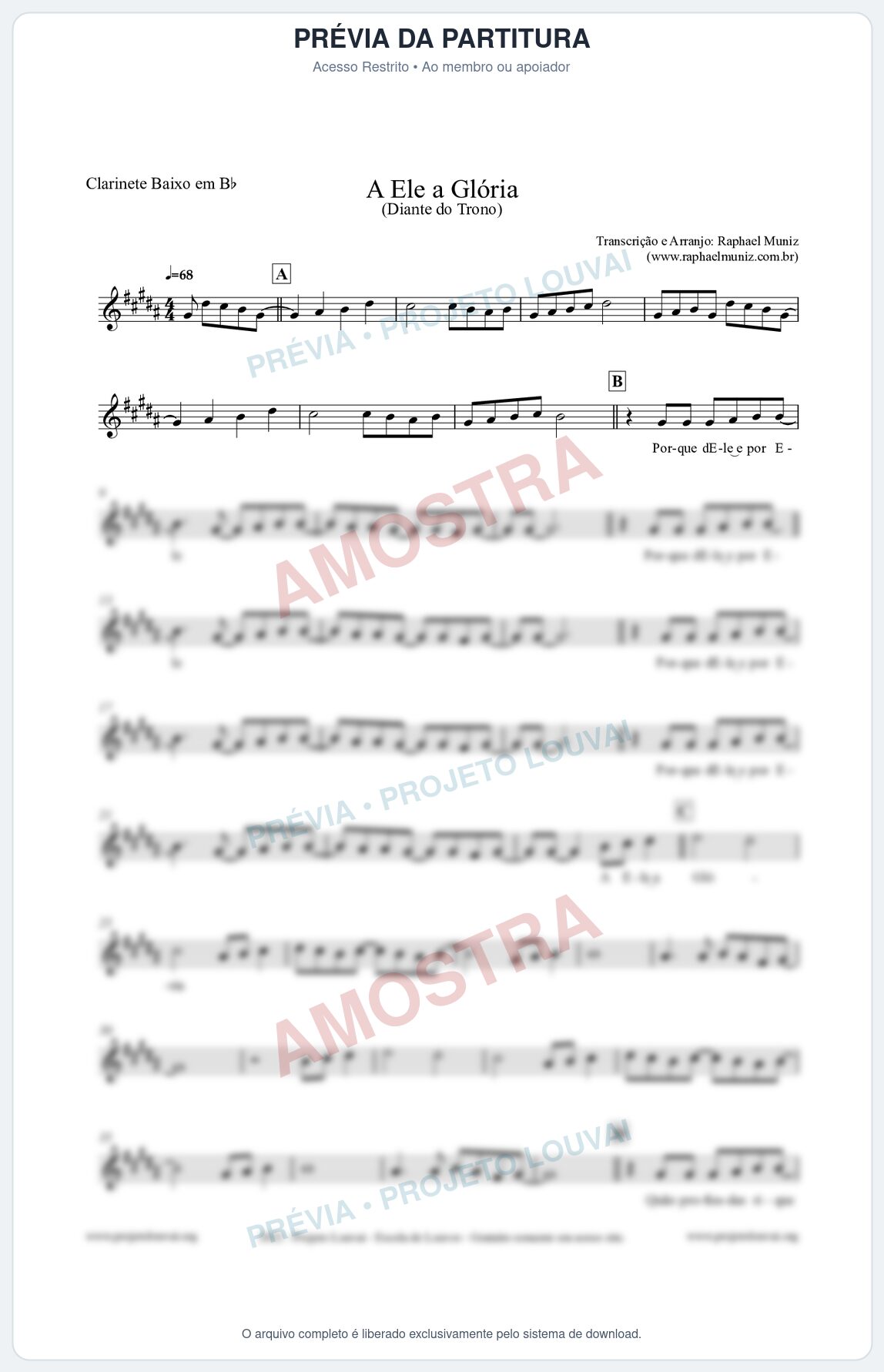 Prévia protegida da primeira página da partitura Partitura para Clarinete Baixo em Bb - A Ele a Glória - Diante do Trono