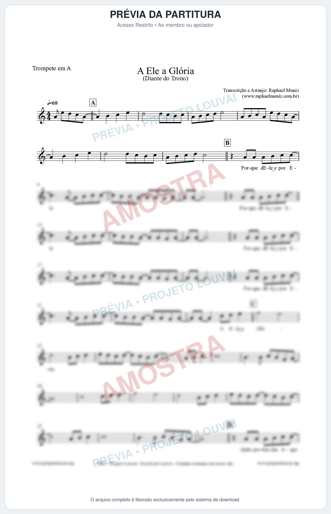 Prévia protegida da primeira página da partitura Partitura para Trompete em A - A Ele a Glória - Diante do Trono