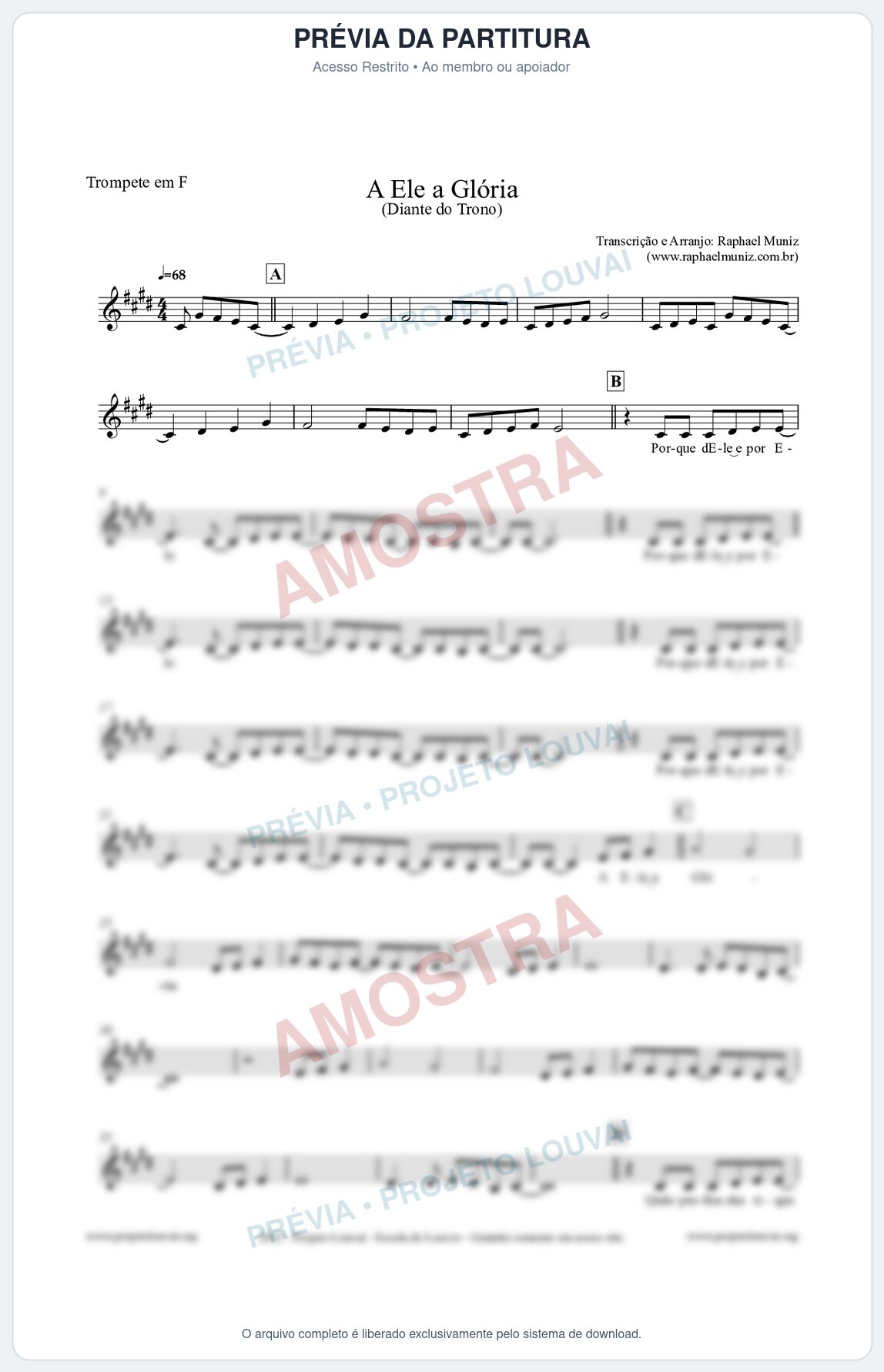 Prévia protegida da primeira página da partitura Partitura para Trompete em F - A Ele a Glória - Diante do Trono