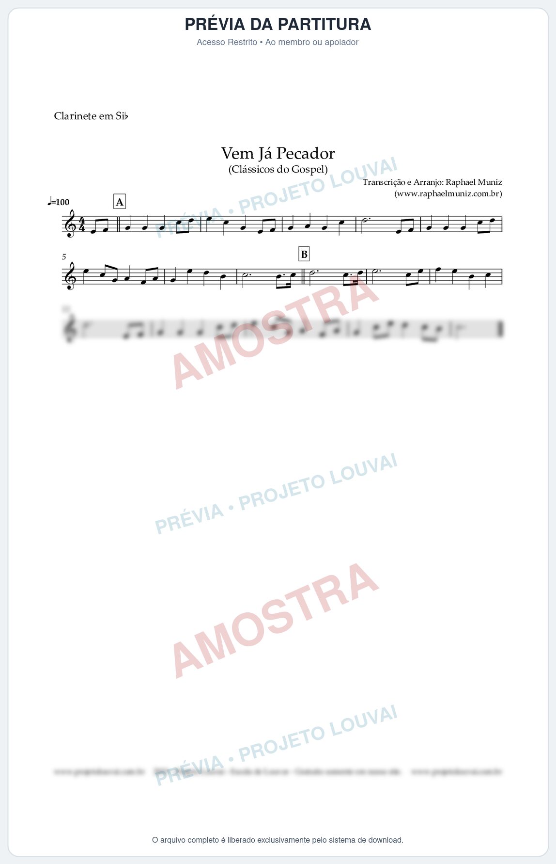 Prévia protegida da primeira página da partitura Partitura para Clarinete em Bb - Vem Já Pecador - Harpa Cristã nº 12 - Clássicos do Gospel