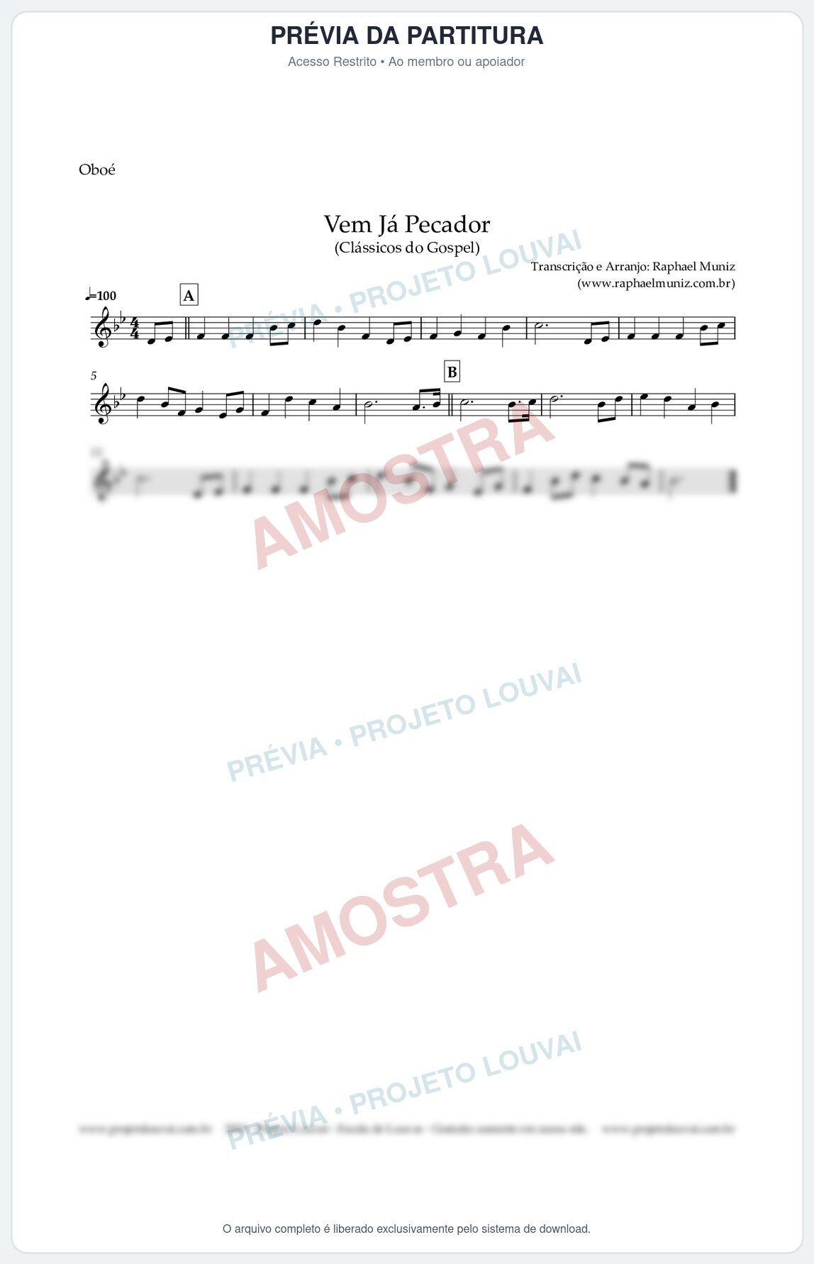 Prévia protegida da primeira página da partitura Partitura para Oboé - Vem Já Pecador - Harpa Cristã nº 12 - Clássicos do Gospel
