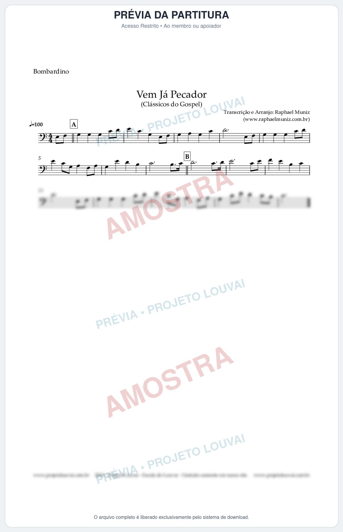 Prévia protegida da primeira página da partitura Partitura para Bombardino - Vem Já Pecador - Harpa Cristã nº 12 - Clássicos do Gospel