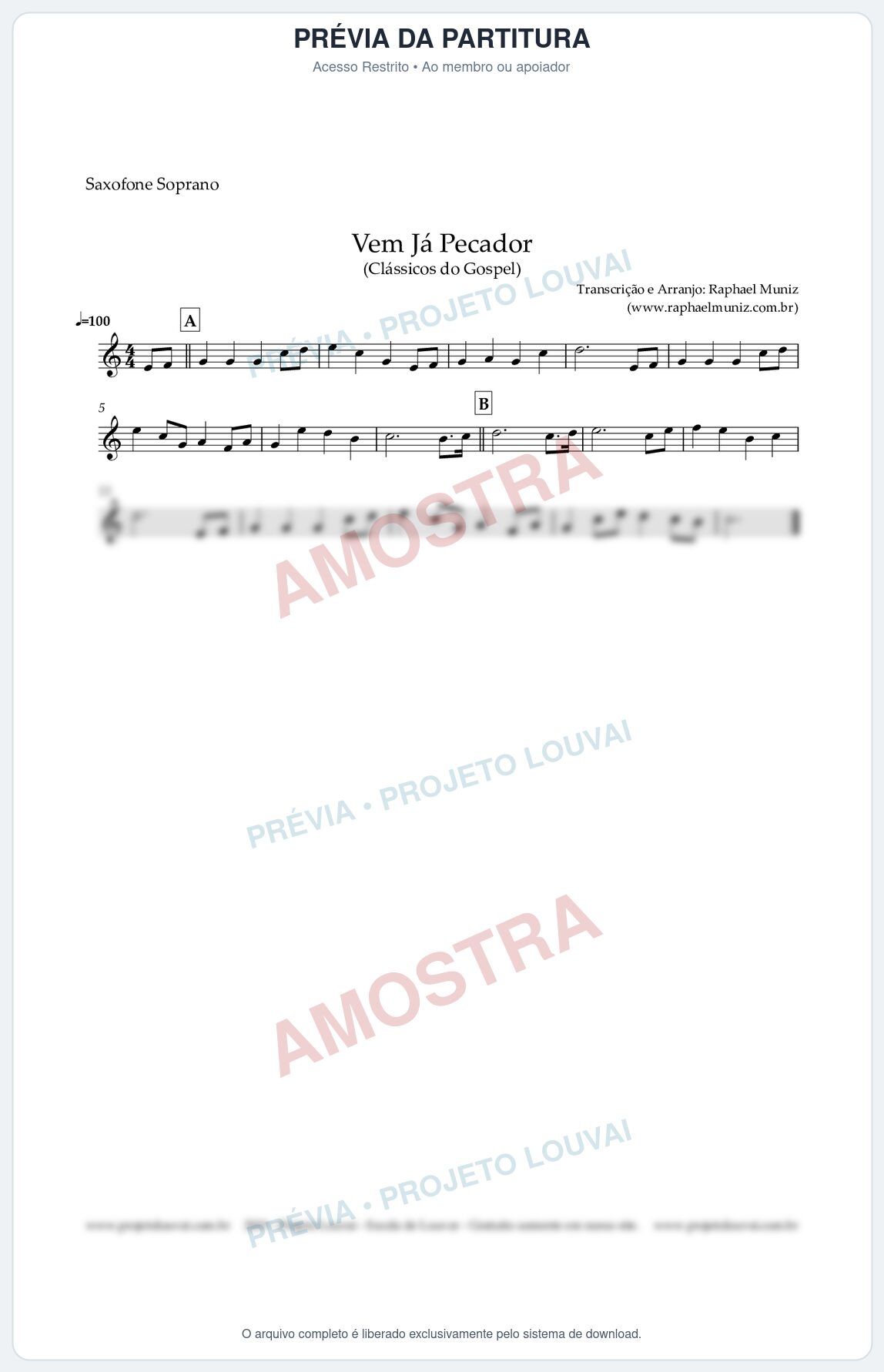 Prévia protegida da primeira página da partitura Partitura para Saxofone Soprano - Vem Já Pecador - Harpa Cristã nº 12 - Clássicos do Gospel