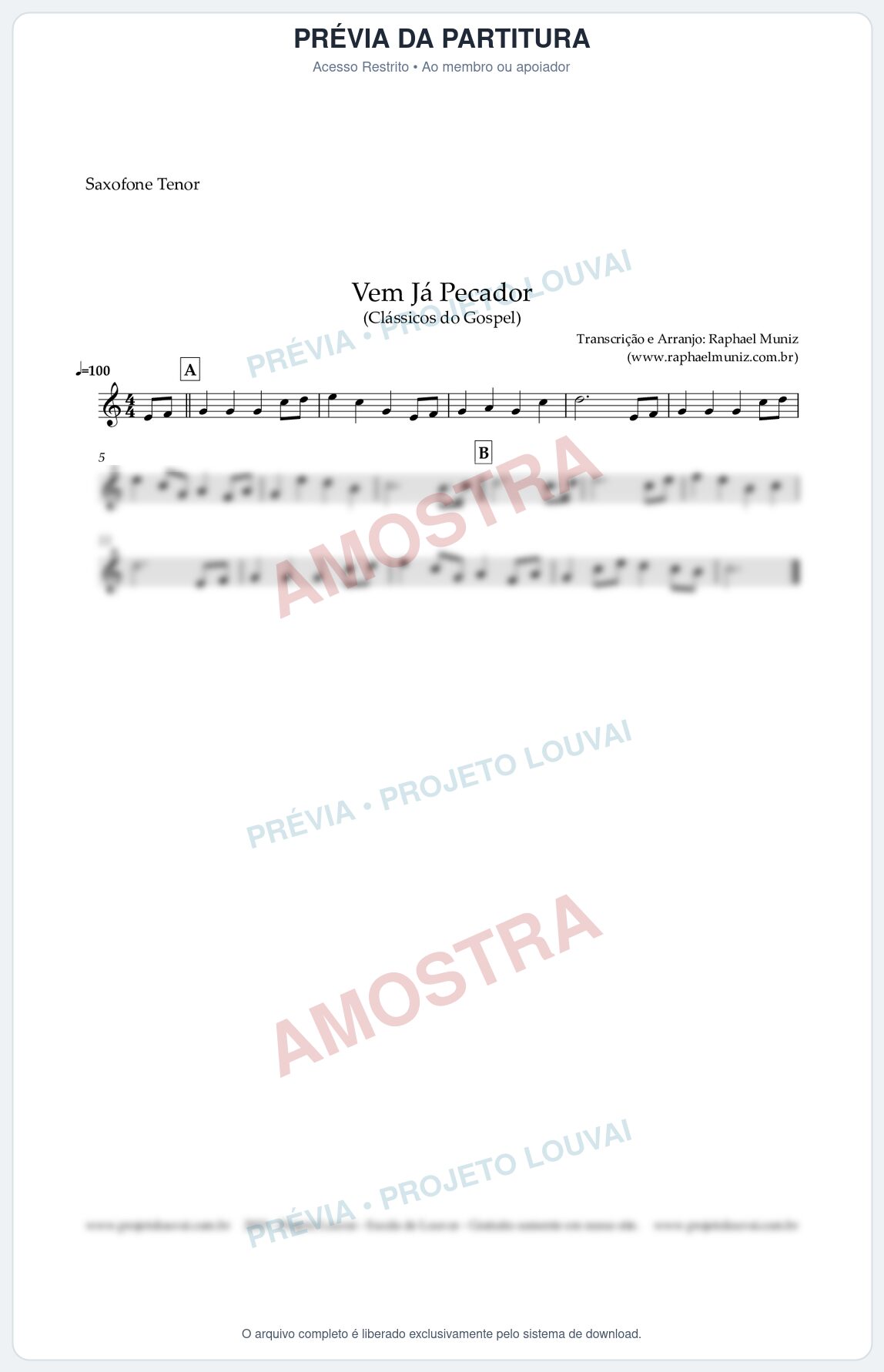 Prévia protegida da primeira página da partitura Partitura para Saxofone Tenor - Vem Já Pecador - Harpa Cristã nº 12 - Clássicos do Gospel