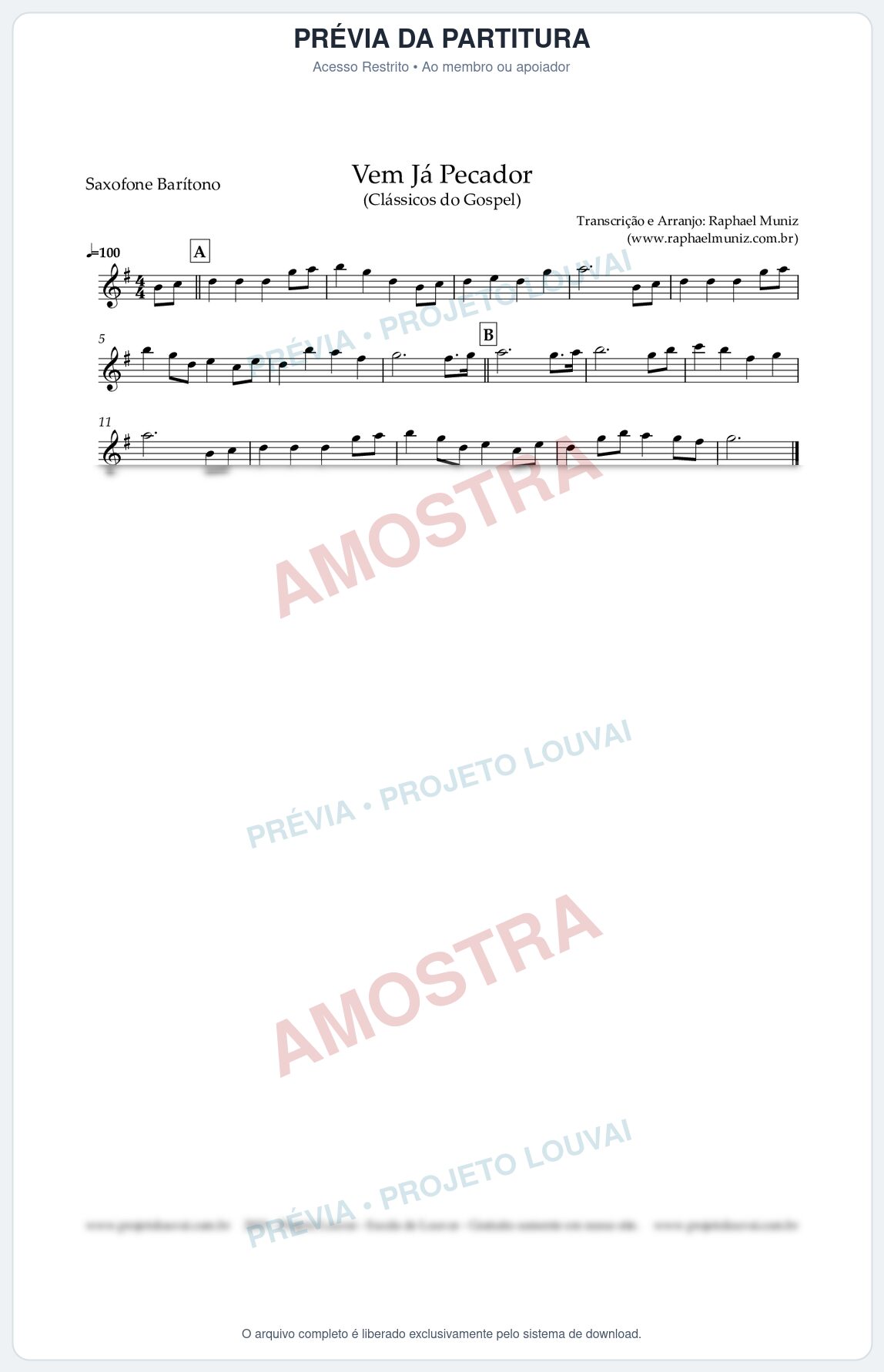 Prévia protegida da primeira página da partitura Partitura para Saxofone Barítono - Vem Já Pecador - Harpa Cristã nº 12 - Clássicos do Gospel