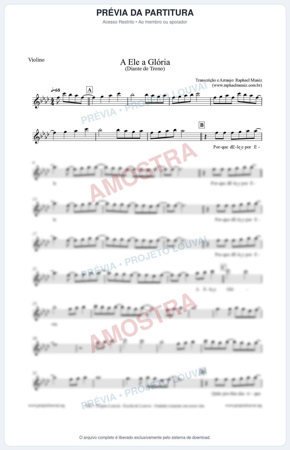 Prévia protegida da primeira página da partitura Partitura para Violino - A Ele a Glória - Diante do Trono