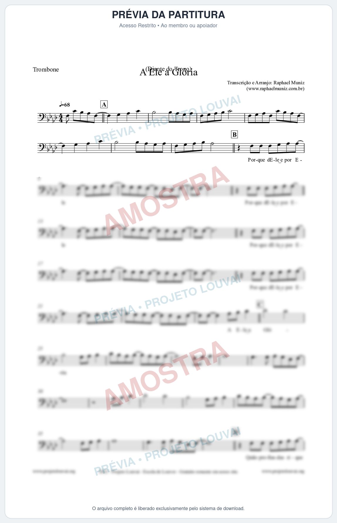 Prévia protegida da primeira página da partitura Partitura para Trombone - A Ele a Glória - Diante do Trono