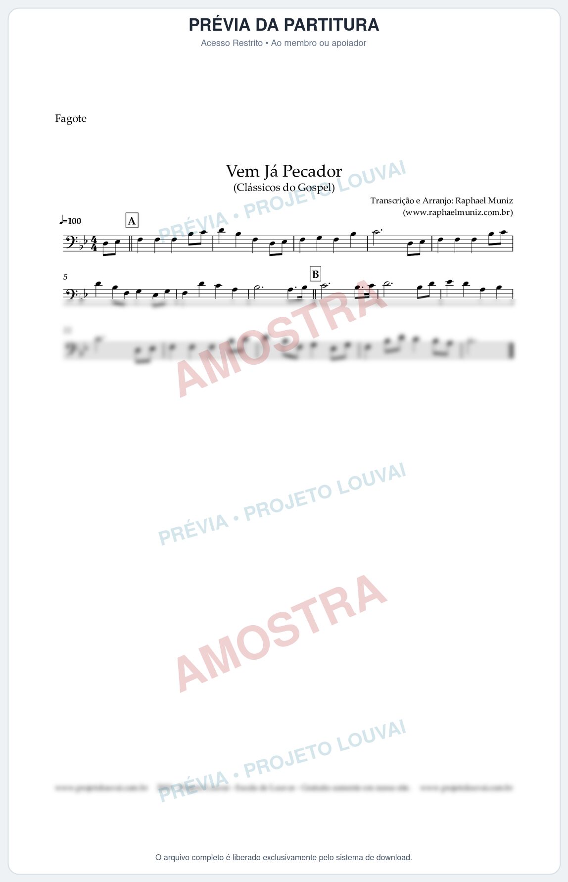 Prévia protegida da primeira página da partitura Partitura para Fagote - Vem Já Pecador - Harpa Cristã nº 12 - Clássicos do Gospel