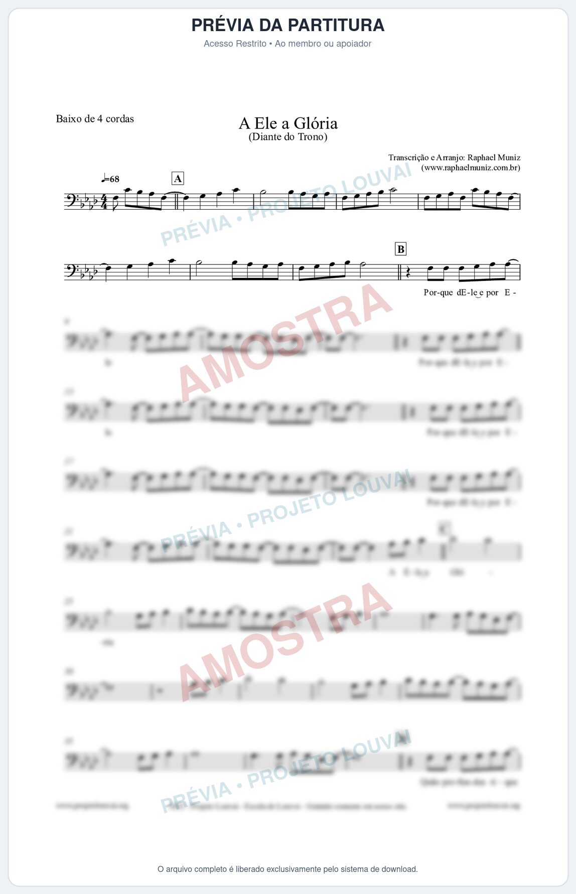Prévia protegida da primeira página da partitura Partitura para Baixo de 4 cordas - A Ele a Glória - Diante do Trono