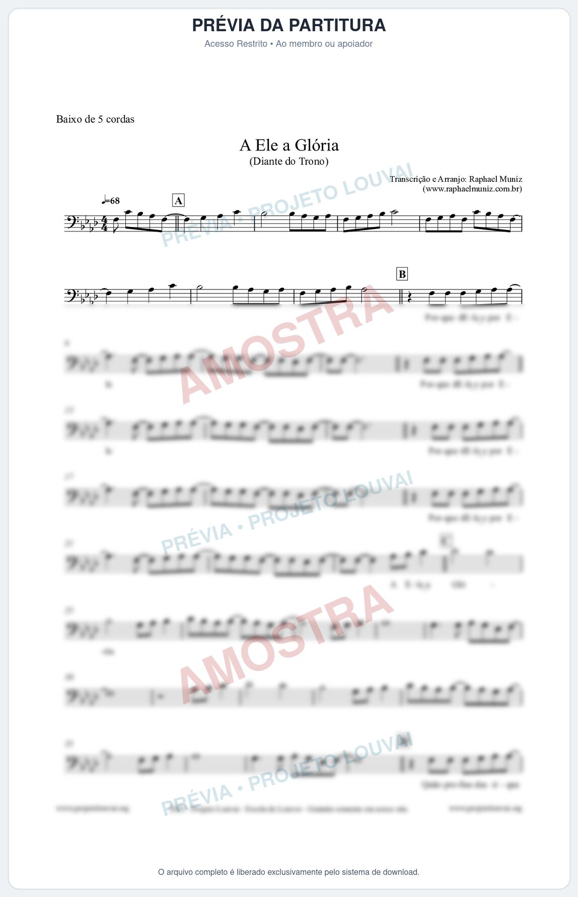 Prévia protegida da primeira página da partitura Partitura para Baixo de 5 cordas - A Ele a Glória - Diante do Trono
