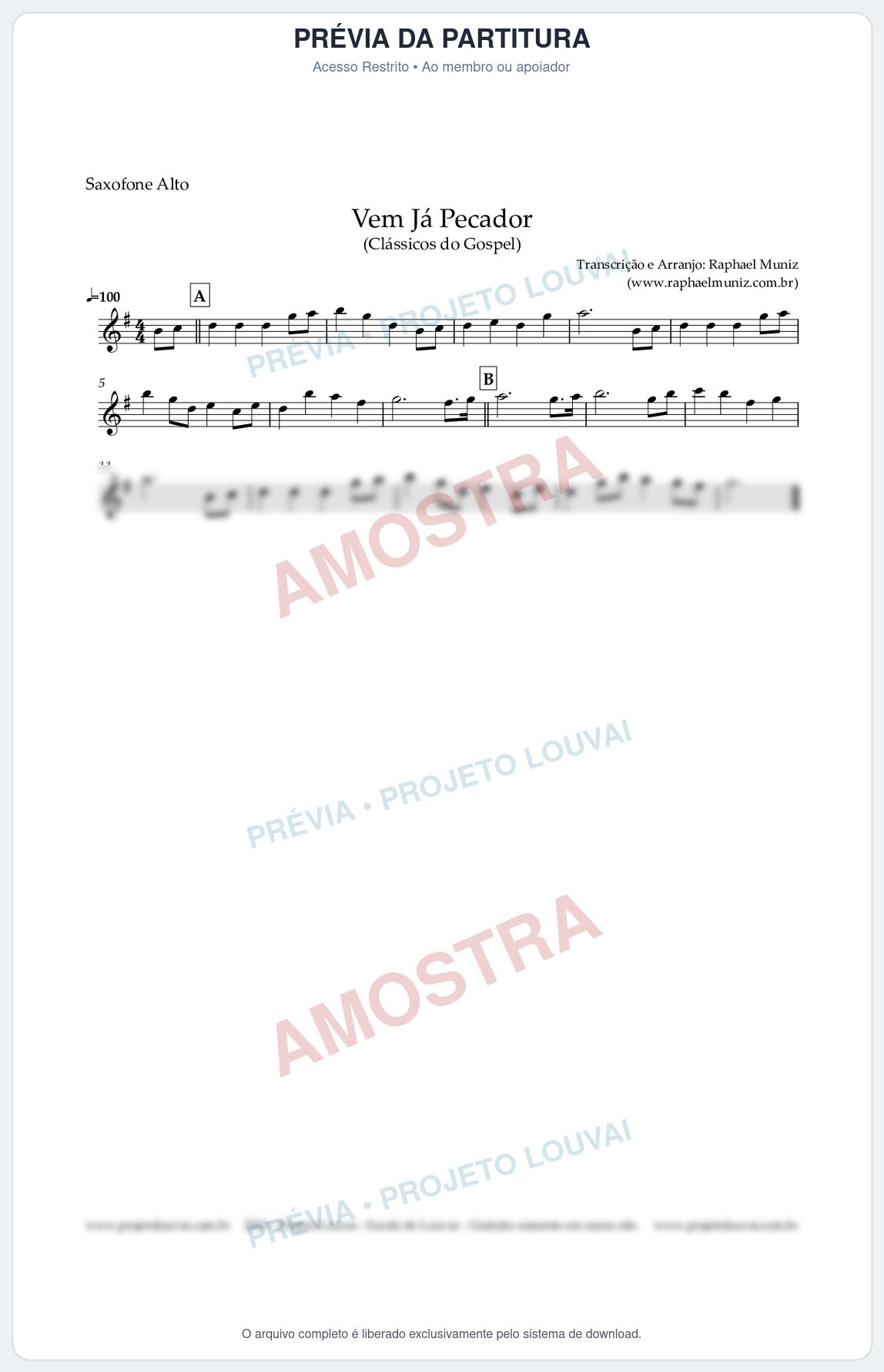Prévia protegida da primeira página da partitura Partitura para Saxofone Alto - Vem Já Pecador - Harpa Cristã nº 12 - Clássicos do Gospel
