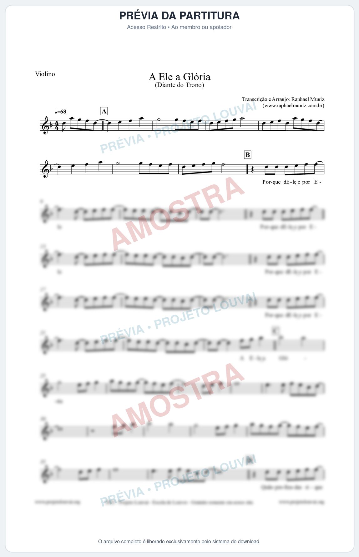 Prévia protegida da primeira página da partitura Partitura para Violino - A Ele a Glória - Diante do Trono