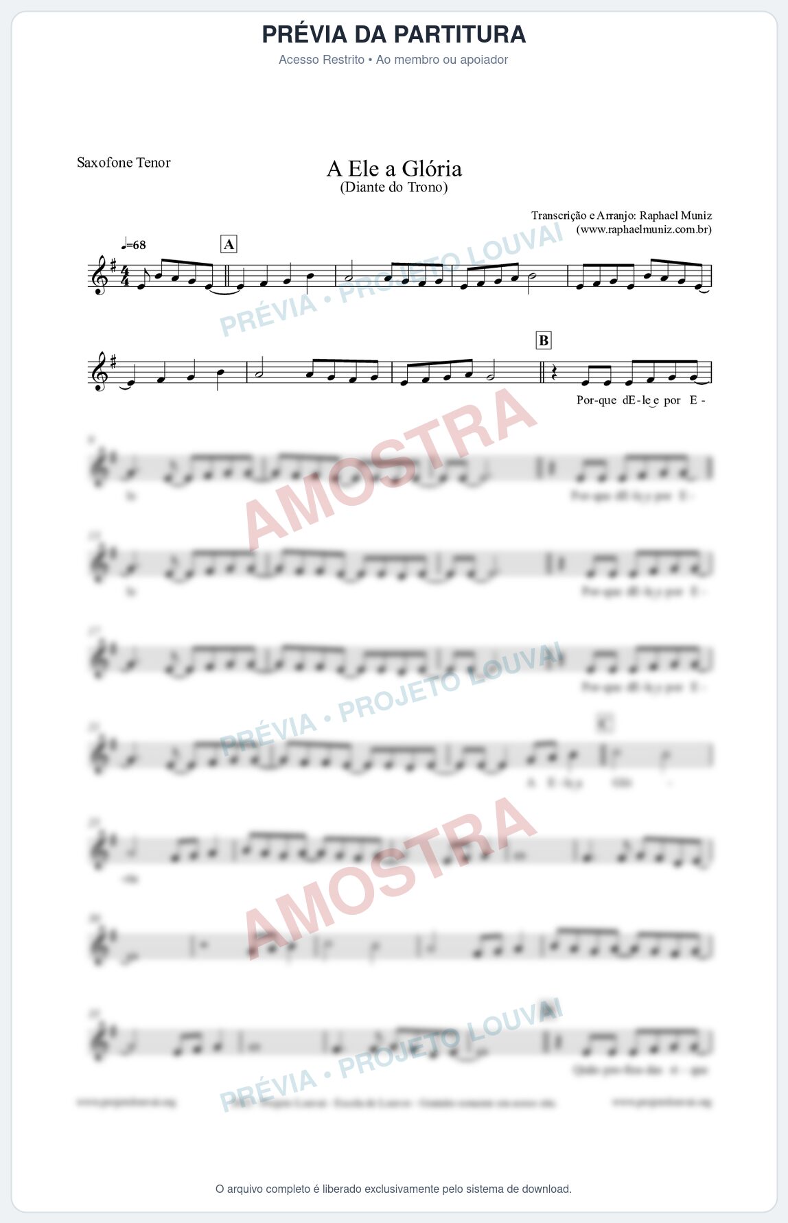 Prévia protegida da primeira página da partitura Partitura para Saxofone Tenor - A Ele a Glória - Diante do Trono