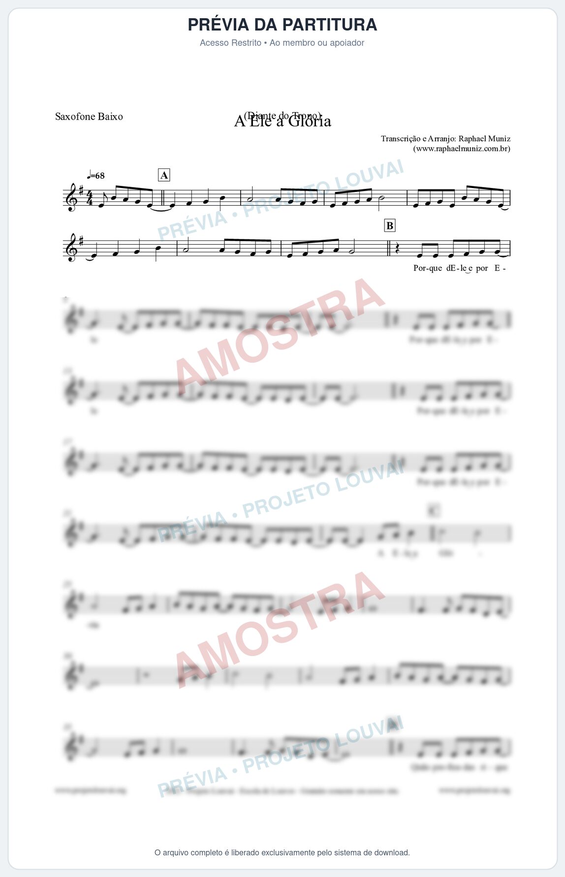 Prévia protegida da primeira página da partitura Partitura para Saxofone Baixo - A Ele a Glória - Diante do Trono