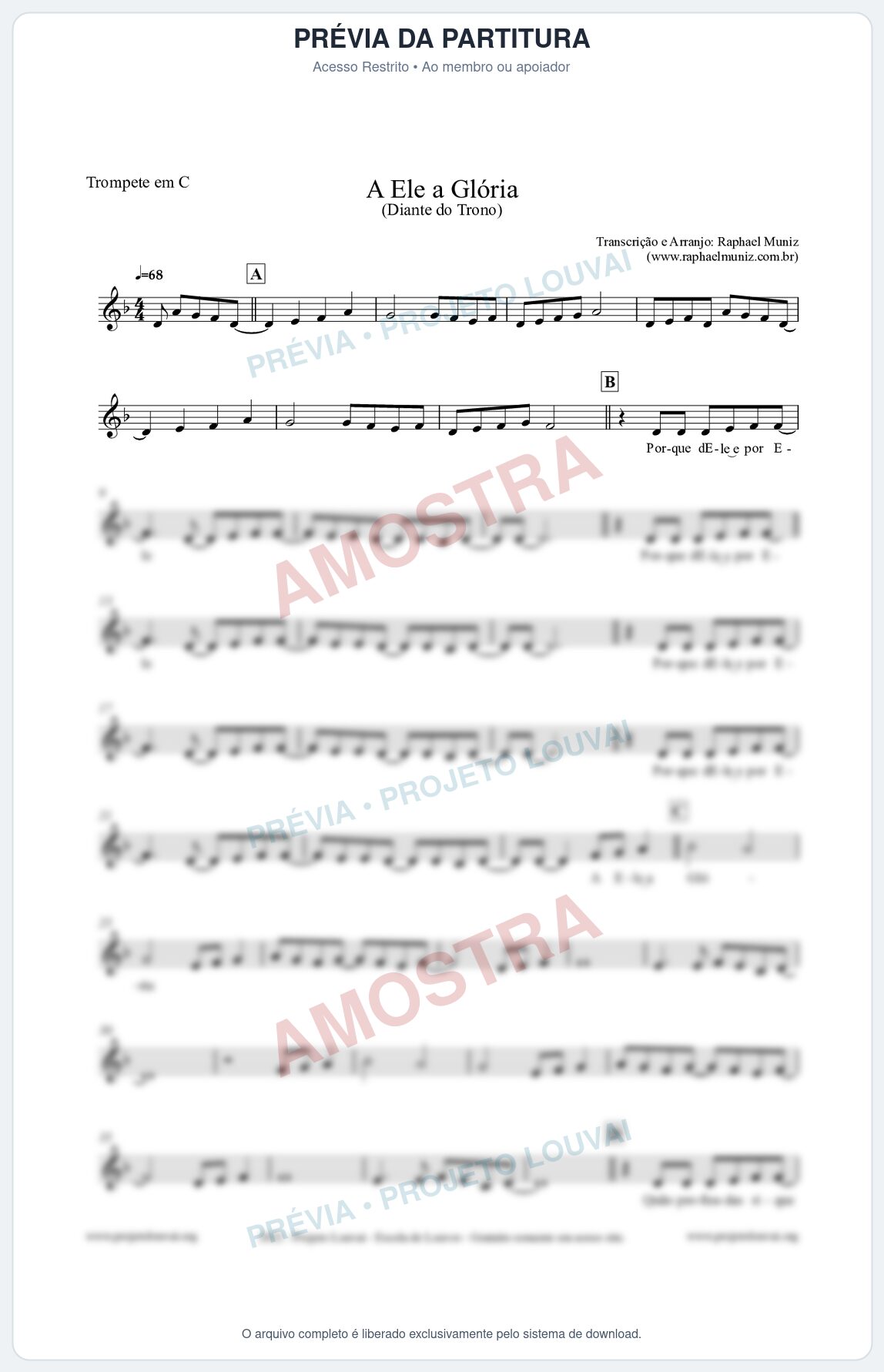 Prévia protegida da primeira página da partitura Partitura para Trompete em C - A Ele a Glória - Diante do Trono