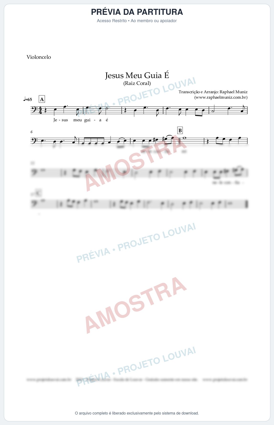 Prévia protegida da primeira página da partitura Partitura para Violoncelo - Jesus Meu Guia É - Raiz Coral