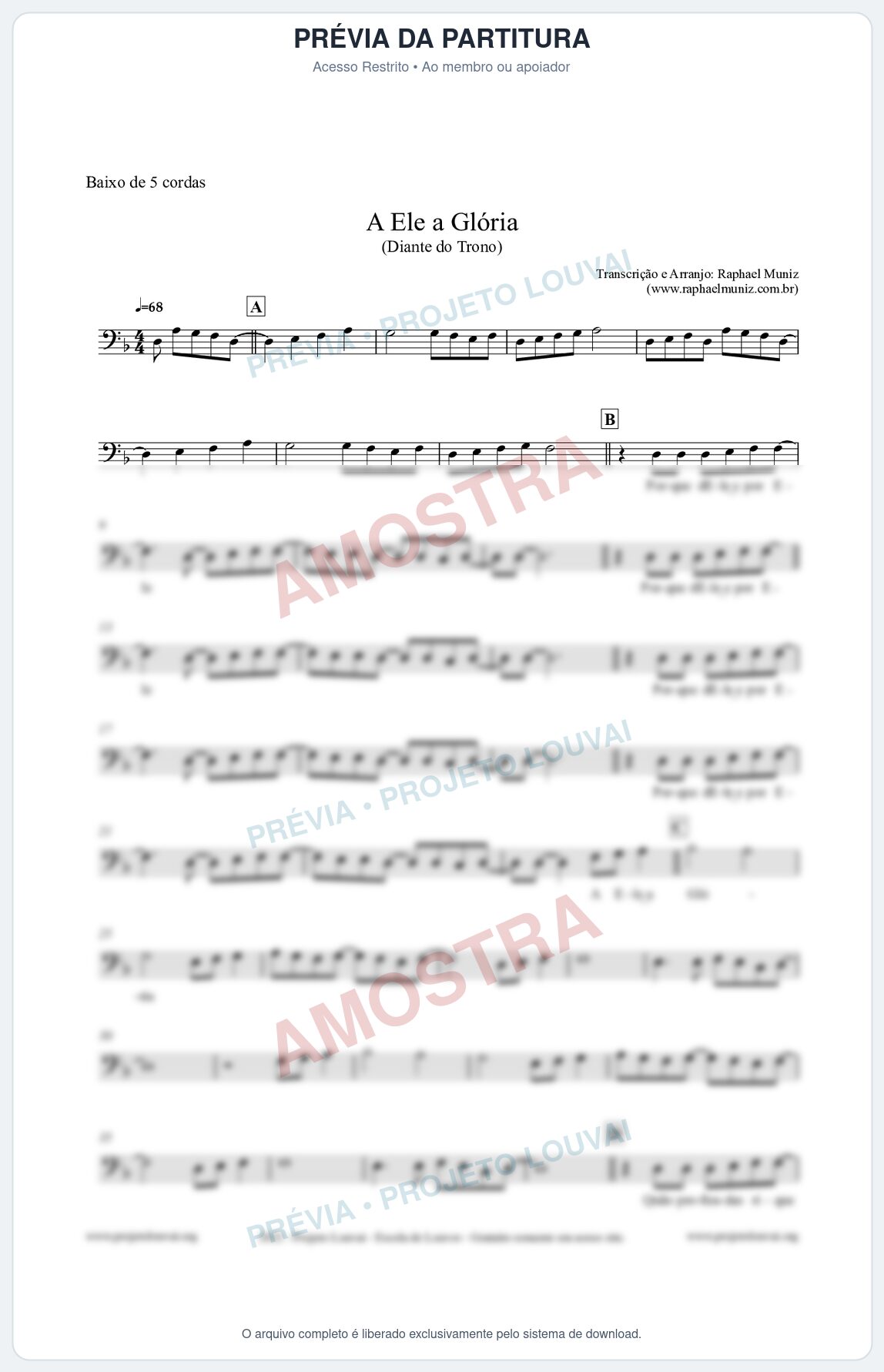 Prévia protegida da primeira página da partitura Partitura para Baixo de 5 cordas - A Ele a Glória - Diante do Trono