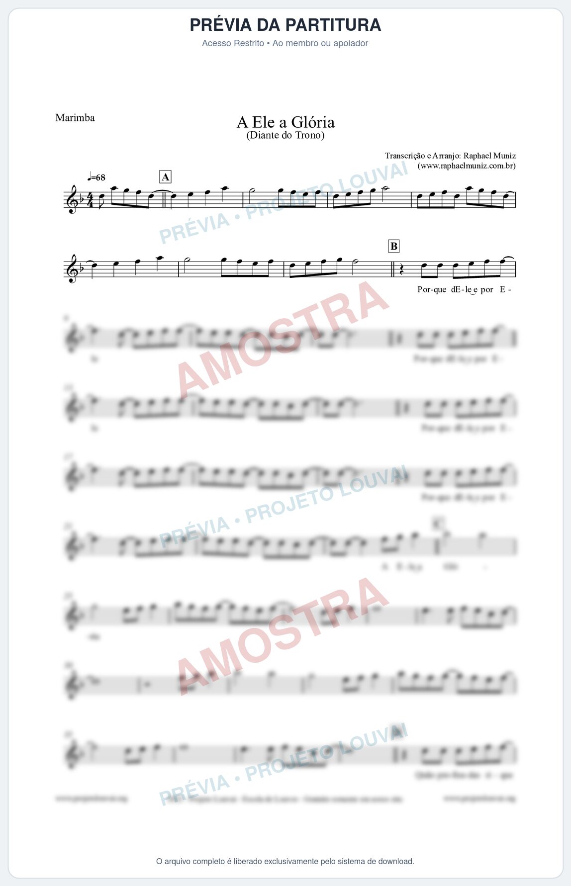 Prévia protegida da primeira página da partitura Partitura para Marimba - A Ele a Glória - Diante do Trono