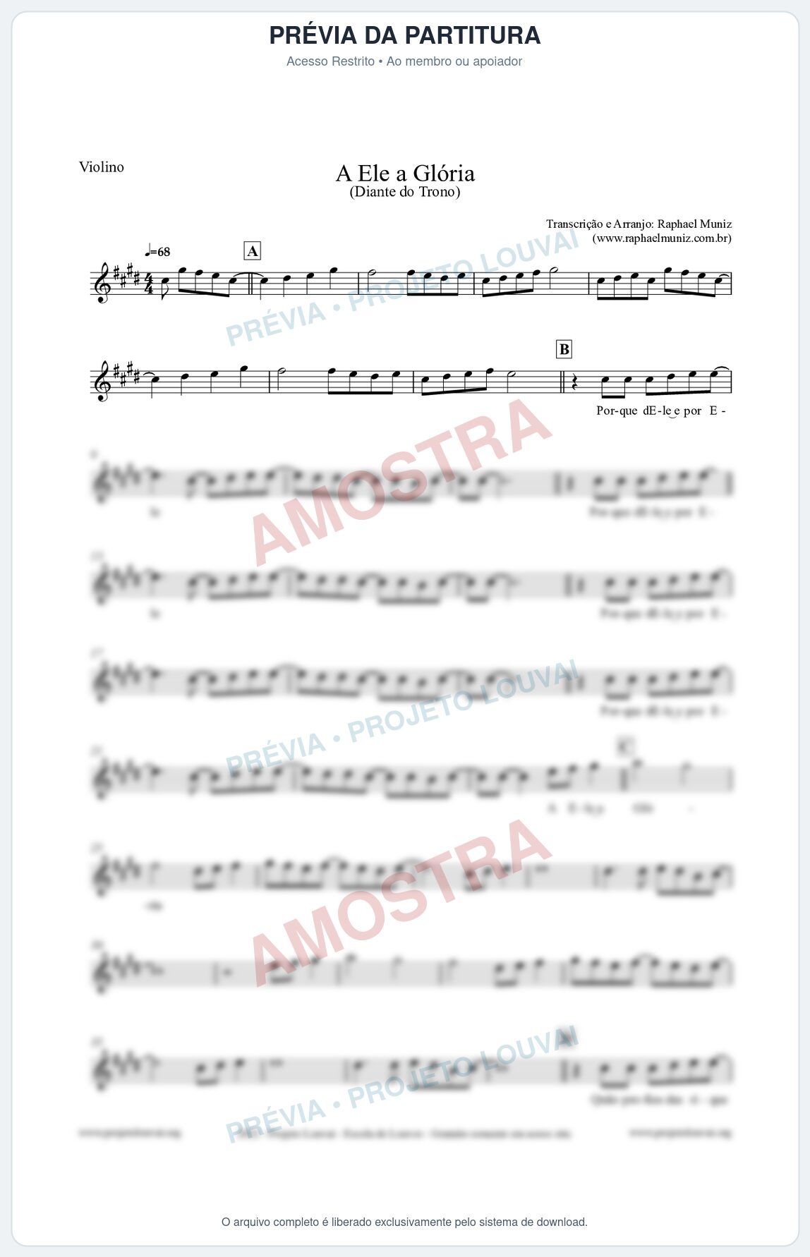 Prévia protegida da primeira página da partitura Partitura para Violino - A Ele a Glória - Diante do Trono