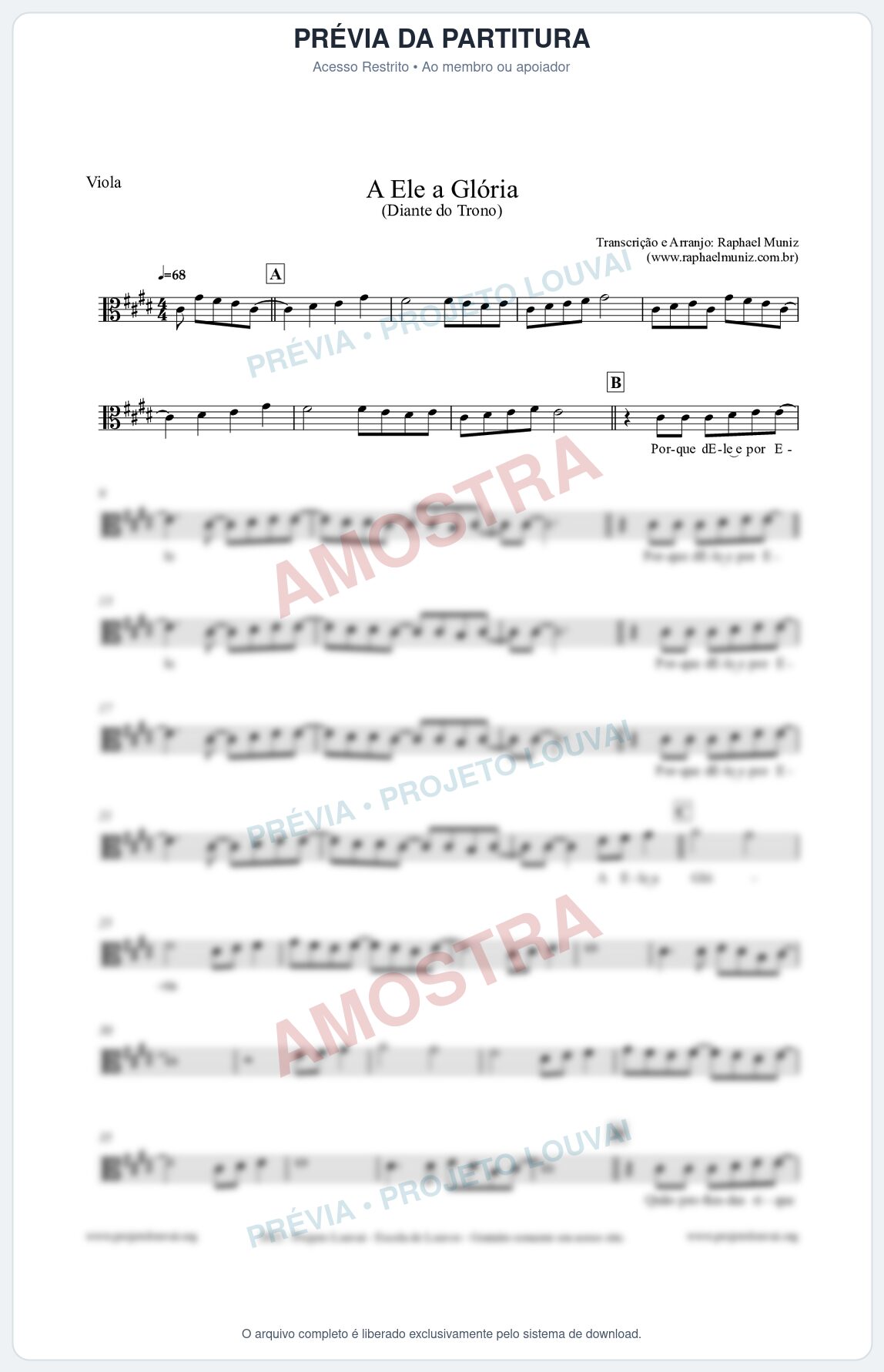 Prévia protegida da primeira página da partitura Partitura para Viola - A Ele a Glória - Diante do Trono