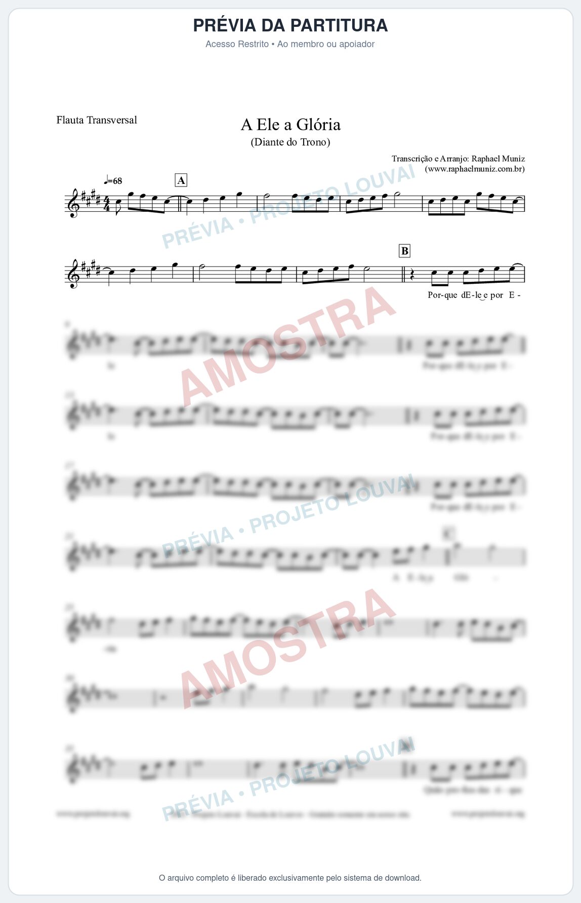Prévia protegida da primeira página da partitura Partitura para Flauta Transversal - A Ele a Glória - Diante do Trono