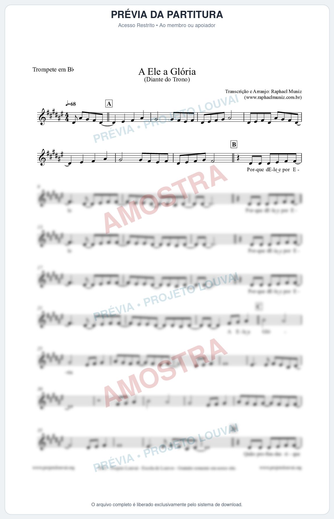 Prévia protegida da primeira página da partitura Partitura para Trompete em Bb - A Ele a Glória - Diante do Trono
