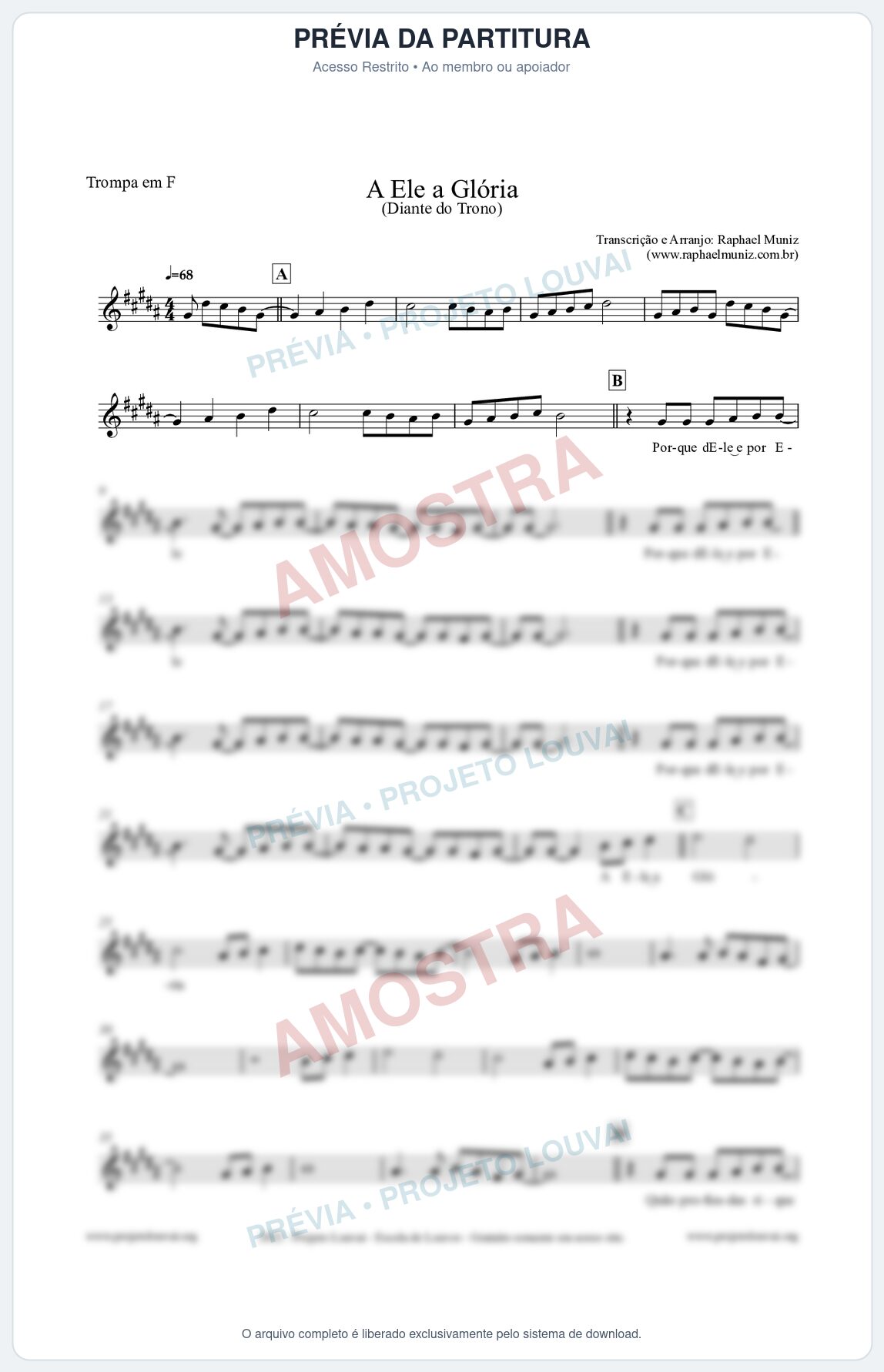 Prévia protegida da primeira página da partitura Partitura para Trompa em F - A Ele a Glória - Diante do Trono