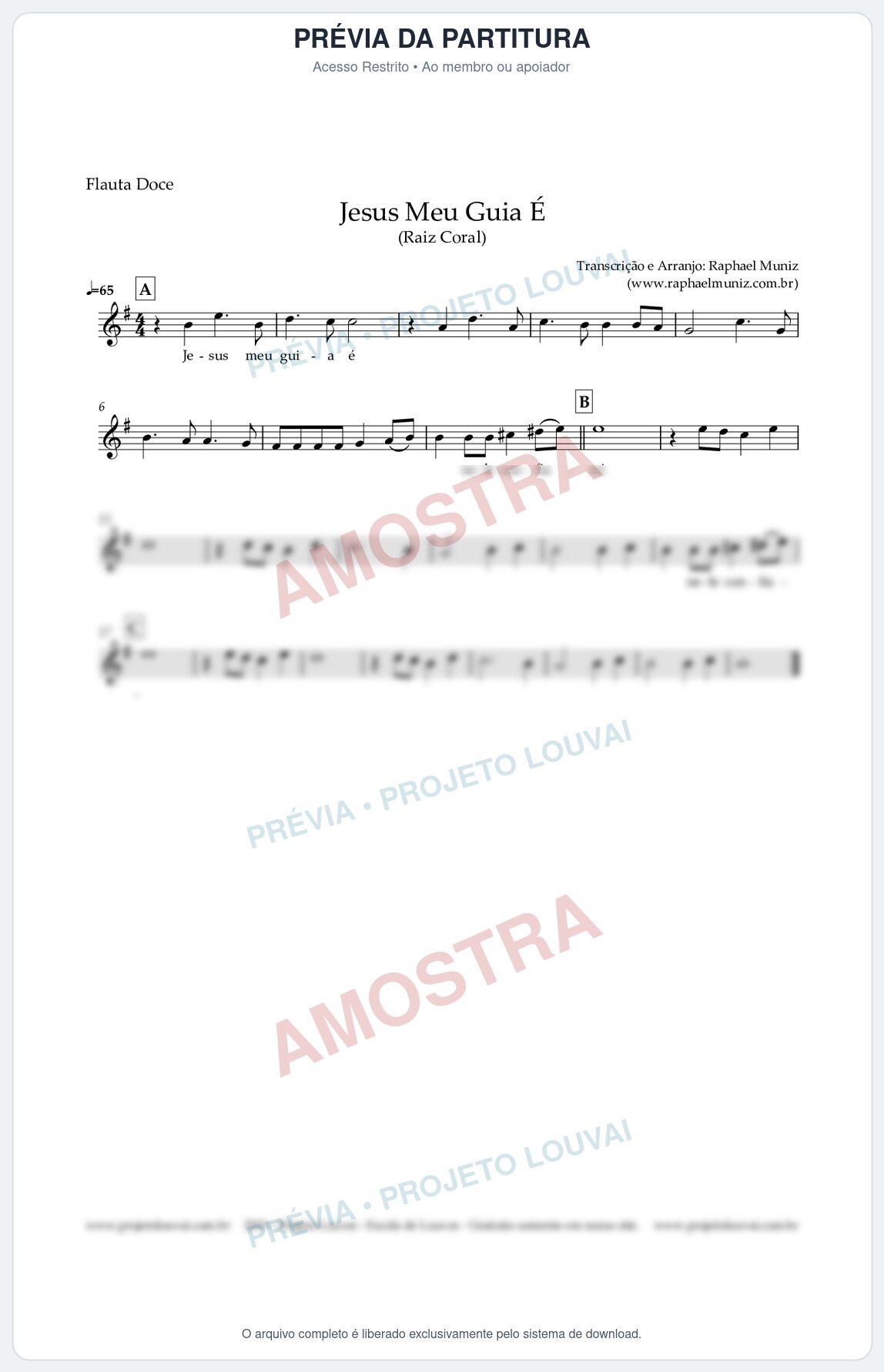 Prévia protegida da primeira página da partitura Partitura para Flauta Doce (Soprano) - Jesus Meu Guia É - Raiz Coral
