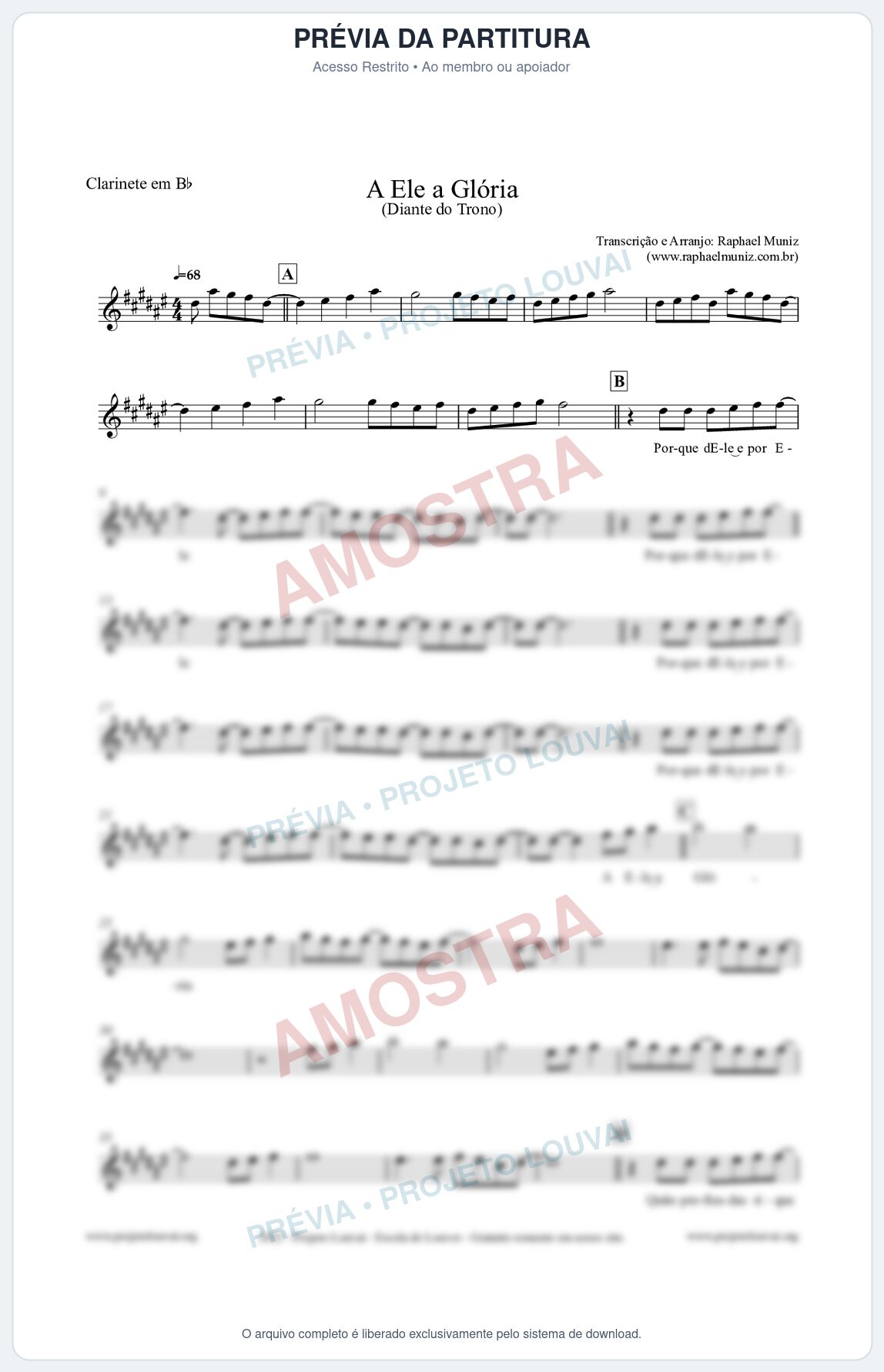 Prévia protegida da primeira página da partitura Partitura para Clarinete em Bb - A Ele a Glória - Diante do Trono