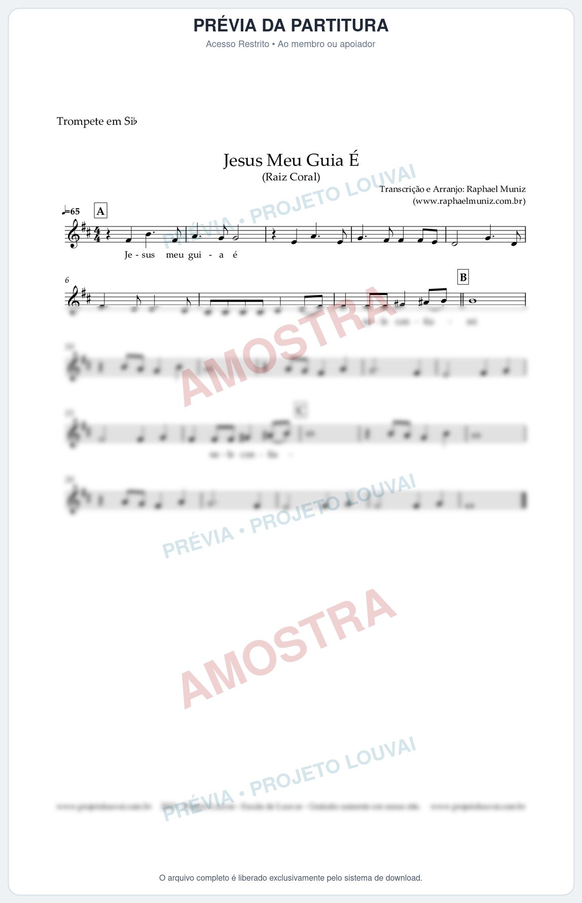 Prévia protegida da primeira página da partitura Partitura para Trompete em Bb - Jesus Meu Guia É - Raiz Coral