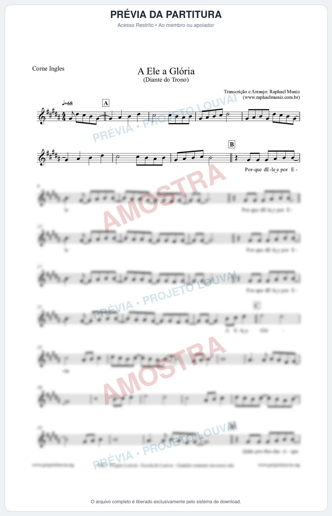 Prévia protegida da primeira página da partitura Partitura para Corne Inglês - A Ele a Glória - Diante do Trono