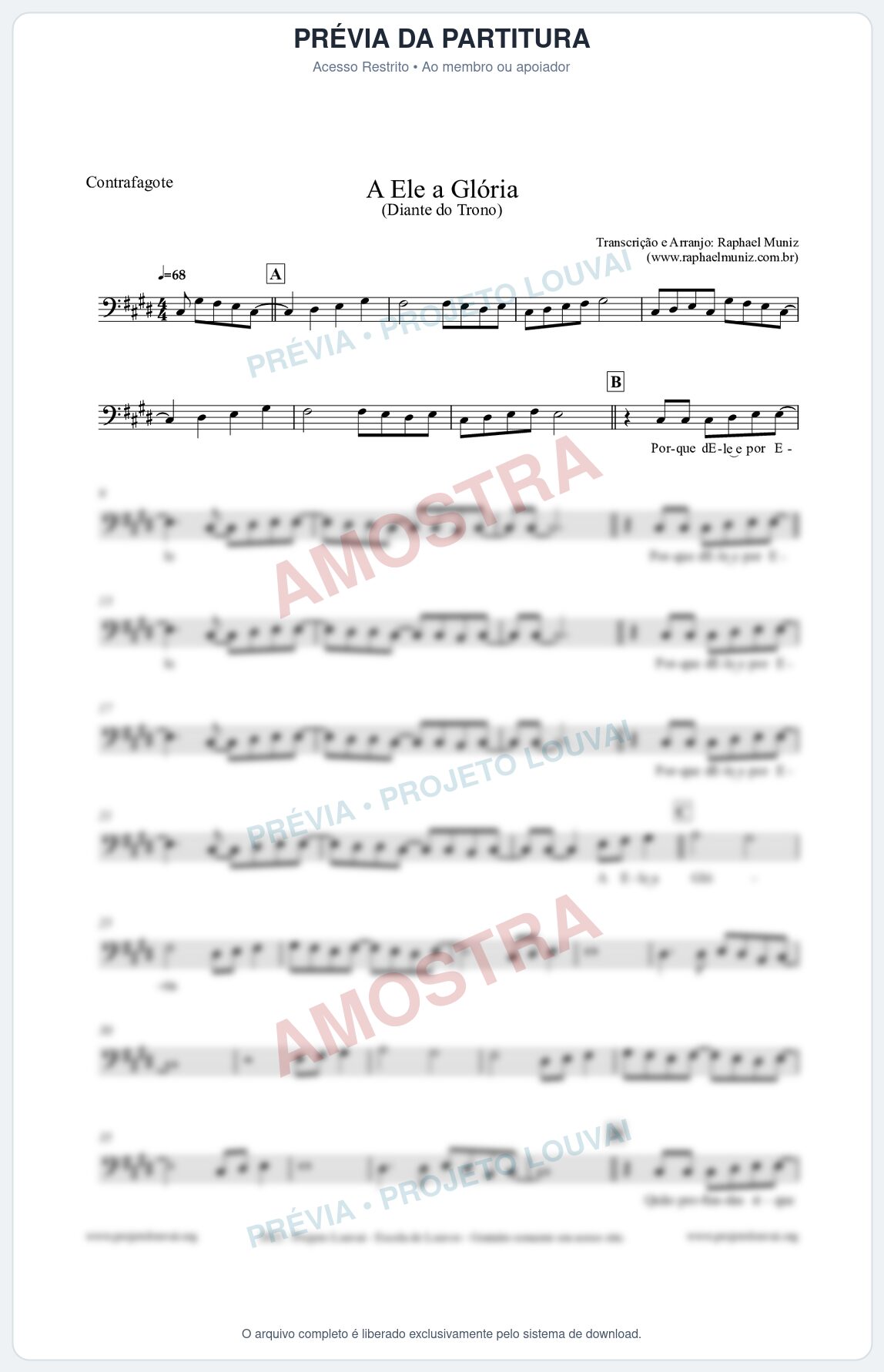 Prévia protegida da primeira página da partitura Partitura para Contrafagote - A Ele a Glória - Diante do Trono