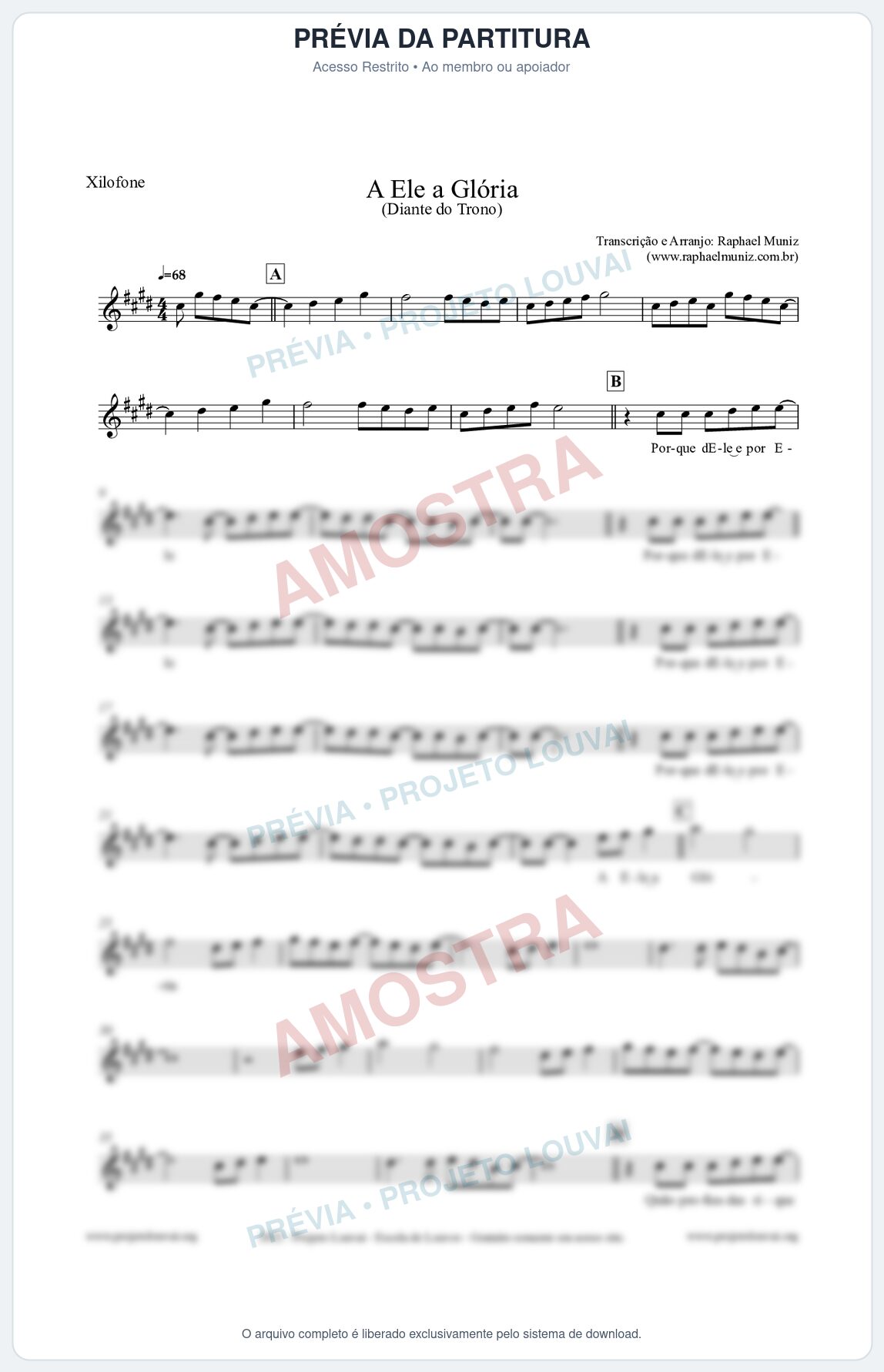 Prévia protegida da primeira página da partitura Partitura para Xilofone - A Ele a Glória - Diante do Trono