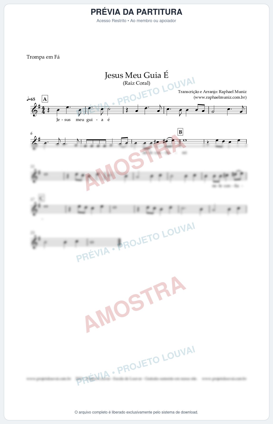 Prévia protegida da primeira página da partitura Partitura para Trompa em Fá - Jesus Meu Guia É - Raiz Coral