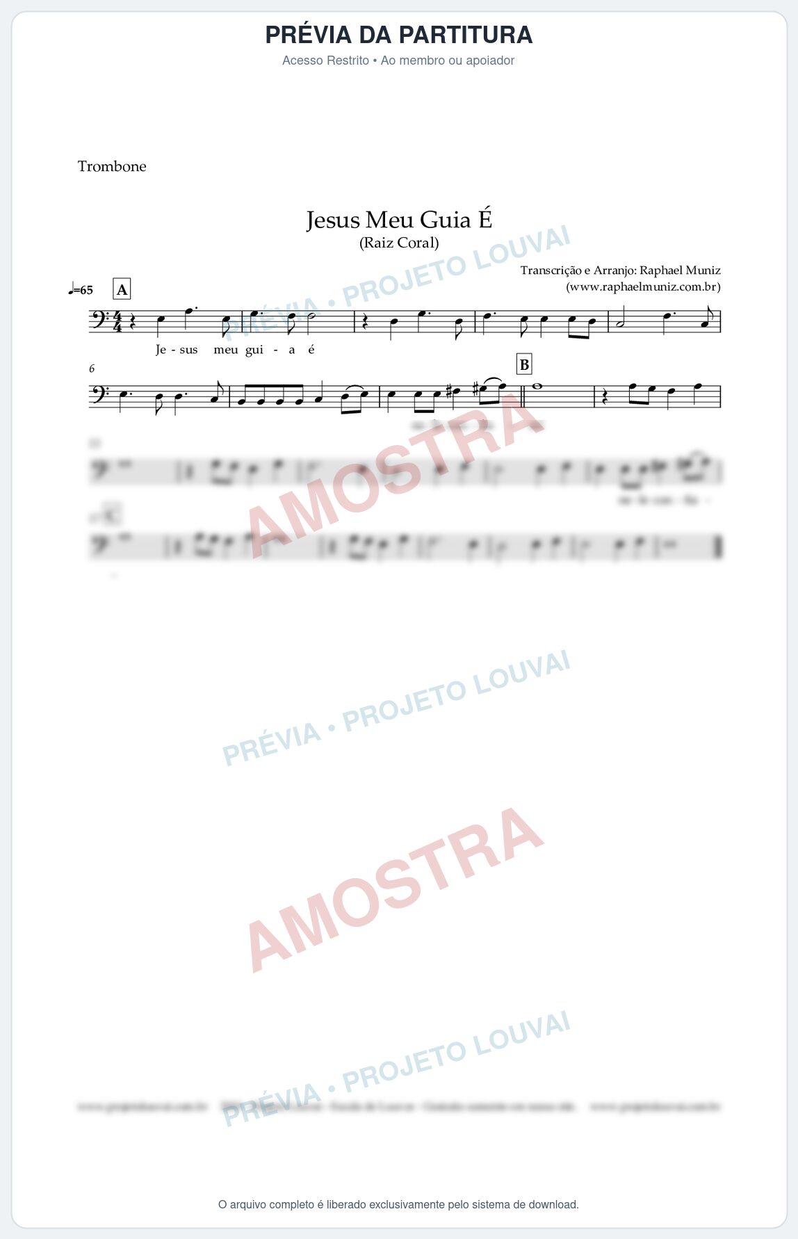 Prévia protegida da primeira página da partitura Partitura para Trombone - Jesus Meu Guia É - Raiz Coral