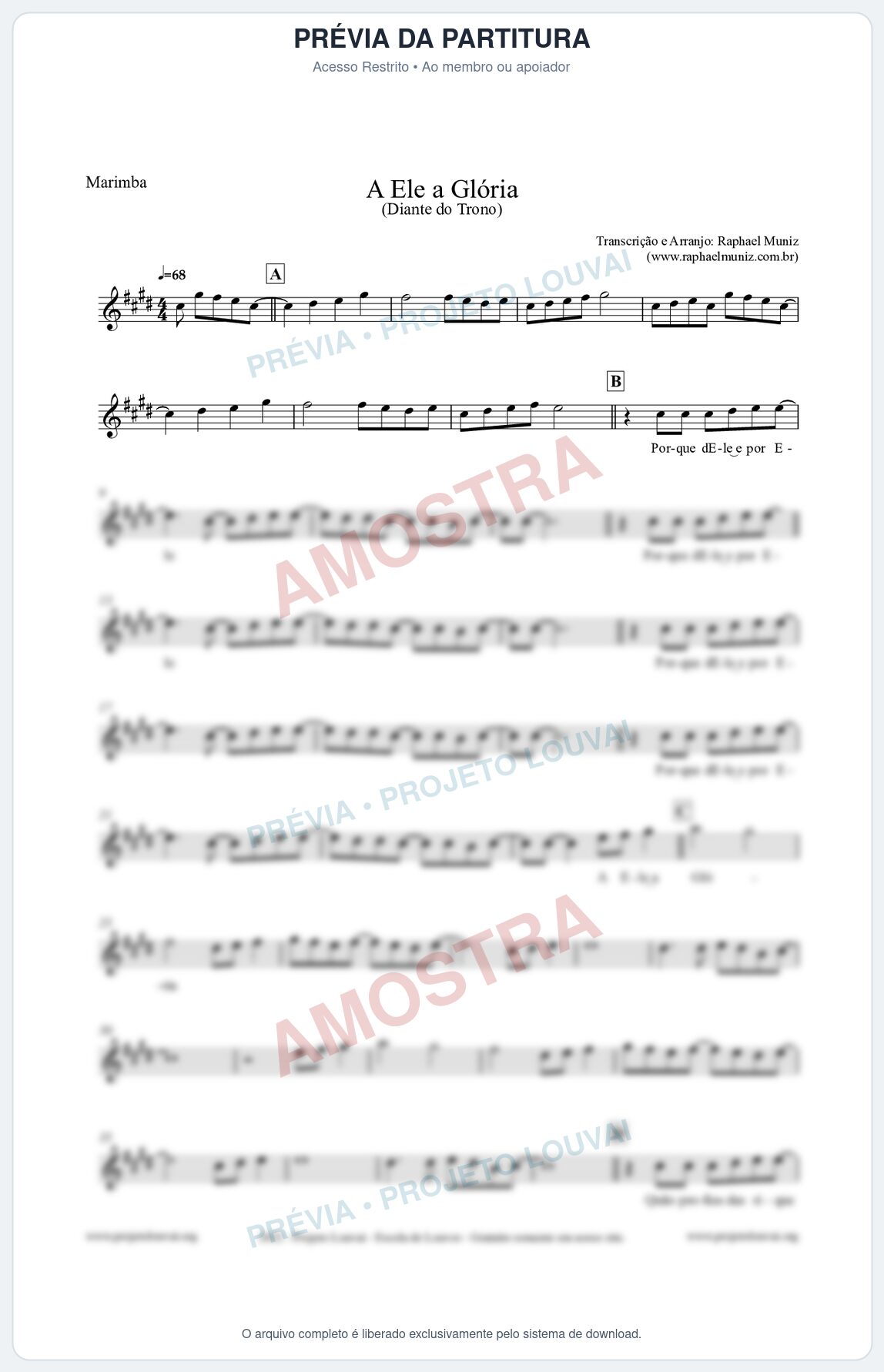 Prévia protegida da primeira página da partitura Partitura para Marimba - A Ele a Glória - Diante do Trono