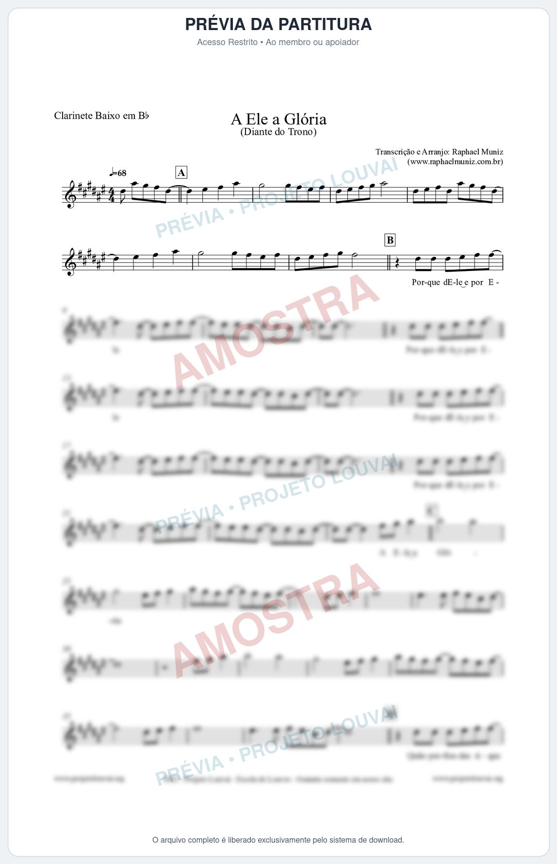 Prévia protegida da primeira página da partitura Partitura para Clarinete Baixo em Bb - A Ele a Glória - Diante do Trono