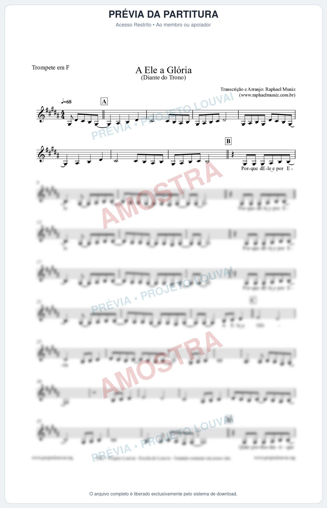 Prévia protegida da primeira página da partitura Partitura para Trompete em F - A Ele a Glória - Diante do Trono