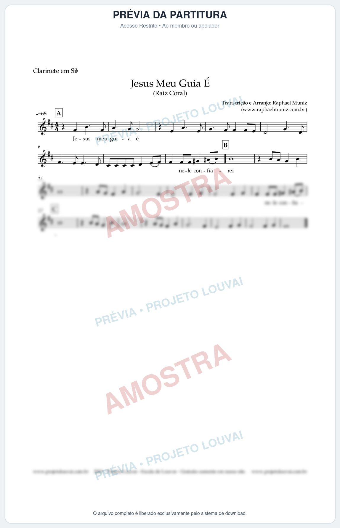 Prévia protegida da primeira página da partitura Partitura para Clarinete em Bb - Jesus Meu Guia É - Raiz Coral
