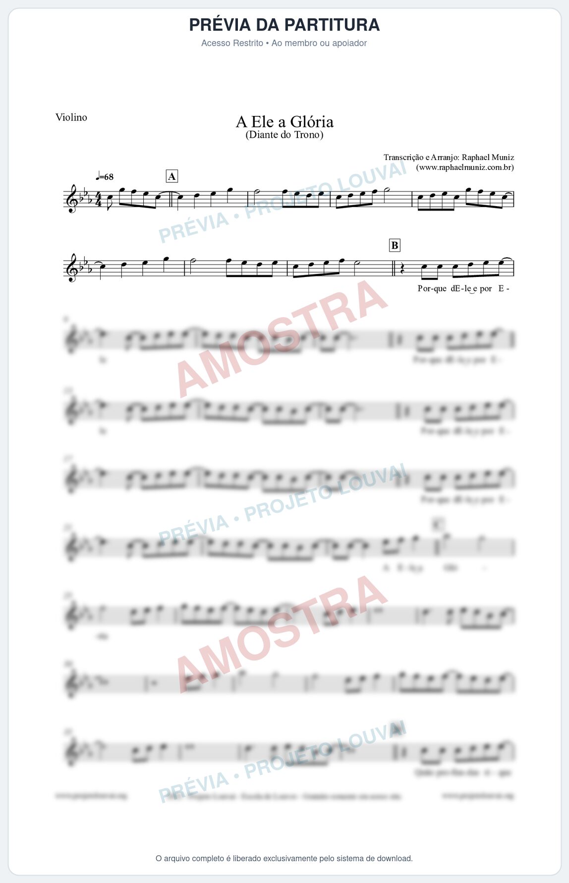 Prévia protegida da primeira página da partitura Partitura para Violino - A Ele a Glória - Diante do Trono
