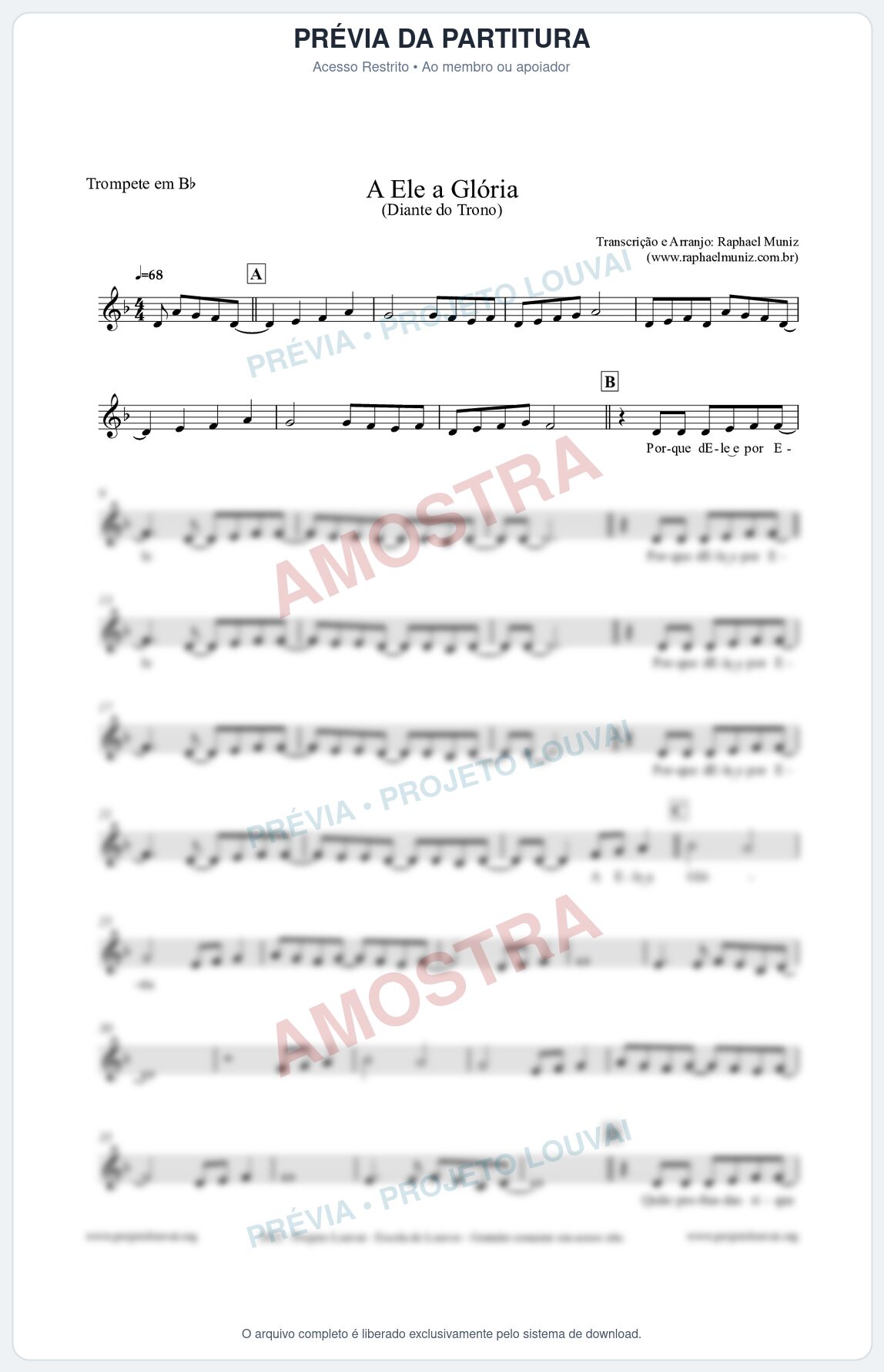 Prévia protegida da primeira página da partitura Partitura para Trompete em Bb - A Ele a Glória - Diante do Trono