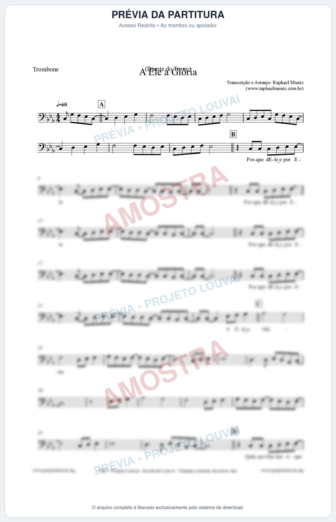 Prévia protegida da primeira página da partitura Partitura para Trombone - A Ele a Glória - Diante do Trono